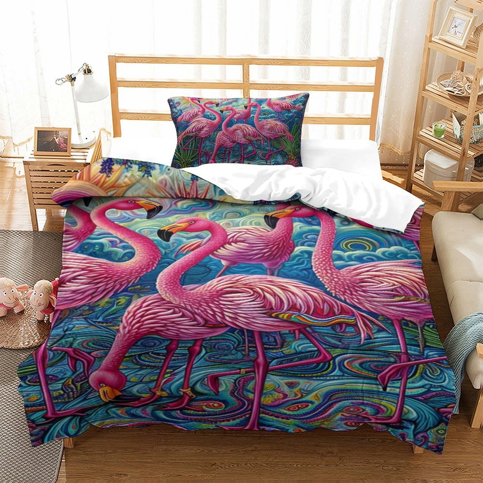 Housse de couette flamants roses zippée pour un lit simple facile à border