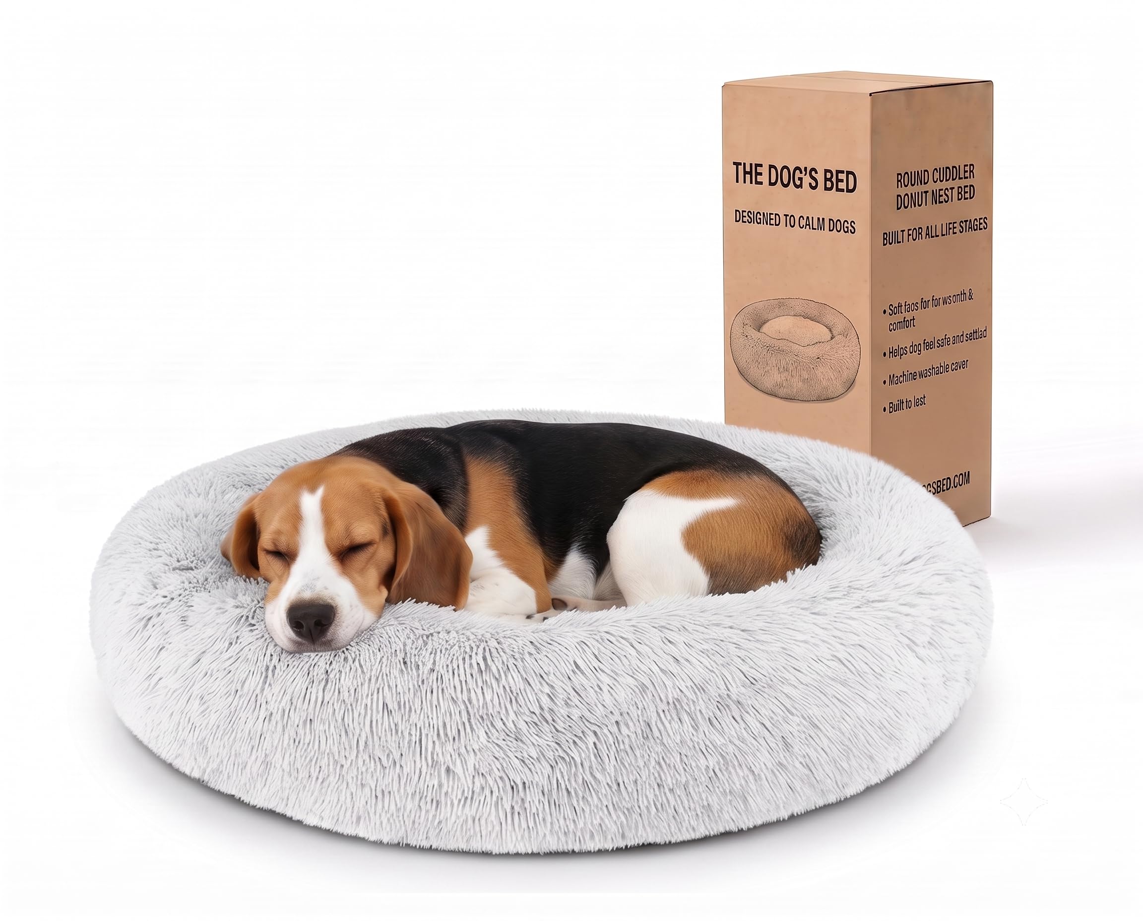The Dogโs Bed Calming Donut Dog Bed, Plush Faux Fur Round Cuddler Nest โ Removable Washable Zip Cover, Medium Beds - 76cm Diameter, Ice White Fur