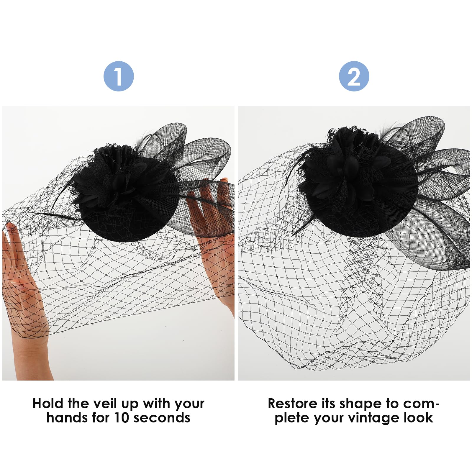 Sombrero de tocado para mujer, para fiesta de té, con clip de malla de flores, diadema, sombrero Derby para boda, cóctel, Negro - 3