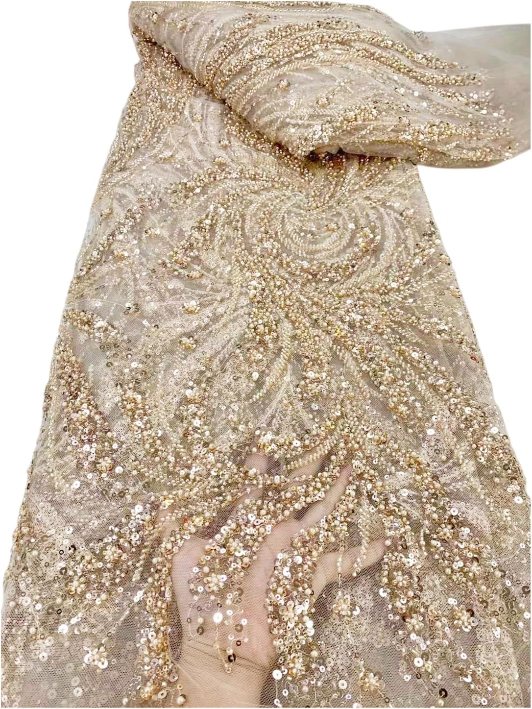 French Lace Fabric Elegant African Embroidery Sequins Beaded Tulle Lace for Evening Dresses (5 Yards,Red)