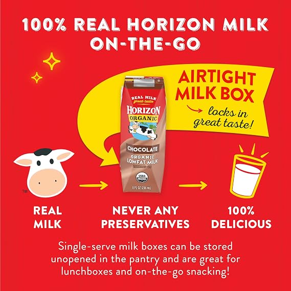Horizon Organic Shelf Stable 1% Lowfat Chocolate Milk Boxes, 12ct | 8g Protein per Serving, 1% Lowfat, USDA Organic, No Refrigeration Required, Lunchboxes, On The Go, For Adults & Kids