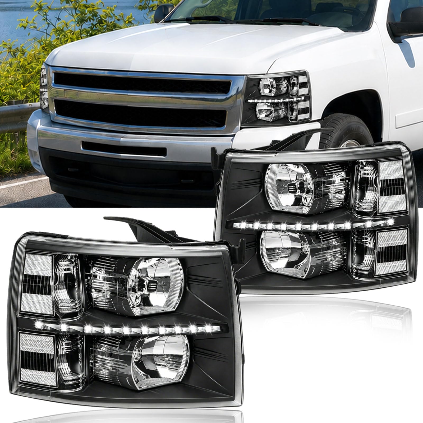 Fullux LED DRL Headlights Assembly fit 07-13 Chevy Silverado 1500 2500HD 3500HD NOT Fit 2007(Old Body) Classic Models Halogen Headlamp Clear Reflector
