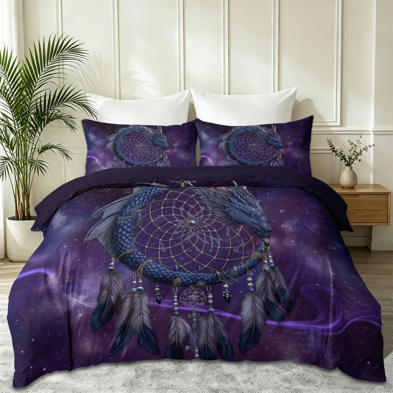 Dwustronna poszwa na kołdrę, z mikrofibry, 240 x 220 cm, ciemna fantazyjna, liliowa, gwiaździste niebo, olbrzymi smok, łapacz snów, pióra, przyjazna dla skóry, łatwa w pielęgnacji, z 2 poszewkami na