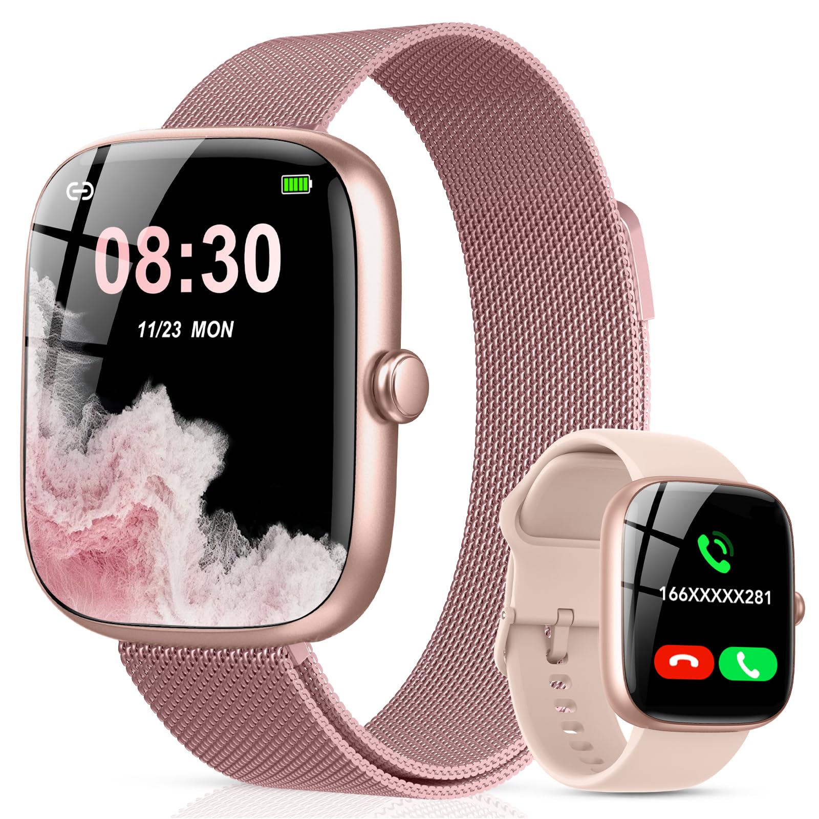 CASCHO Smartwatch Damen mit 2 Armbänder, 1.83" HD Smart Watch mit Bluetooth-Anruf, IP68 Fitnessuhr Damen mit SpO2, Pulsmesser, Schlafmonitor, Stressüberwachung, Schrittzähler, 120+ Sportmodi