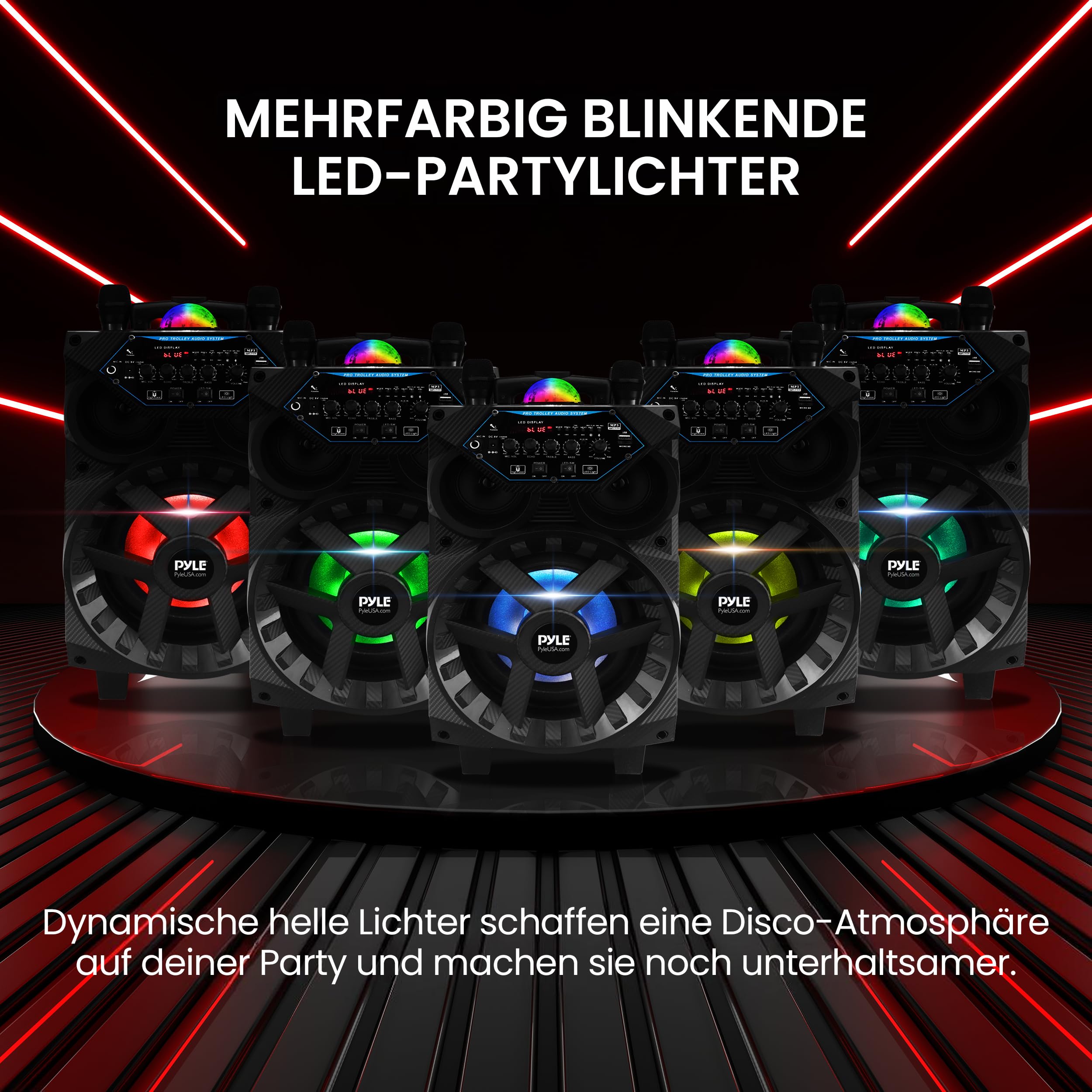 Pyle Partybox Bluetooth Lautsprecher Groß, 580W Musikbox, Boombox mit Lichtern & Rollen, inkl. 2 Kabellose Mikrofone, Super Bass, USB/SD/AUX/RCA/FM, Aufladbare Akku, für Party Outdoor & Zuhause