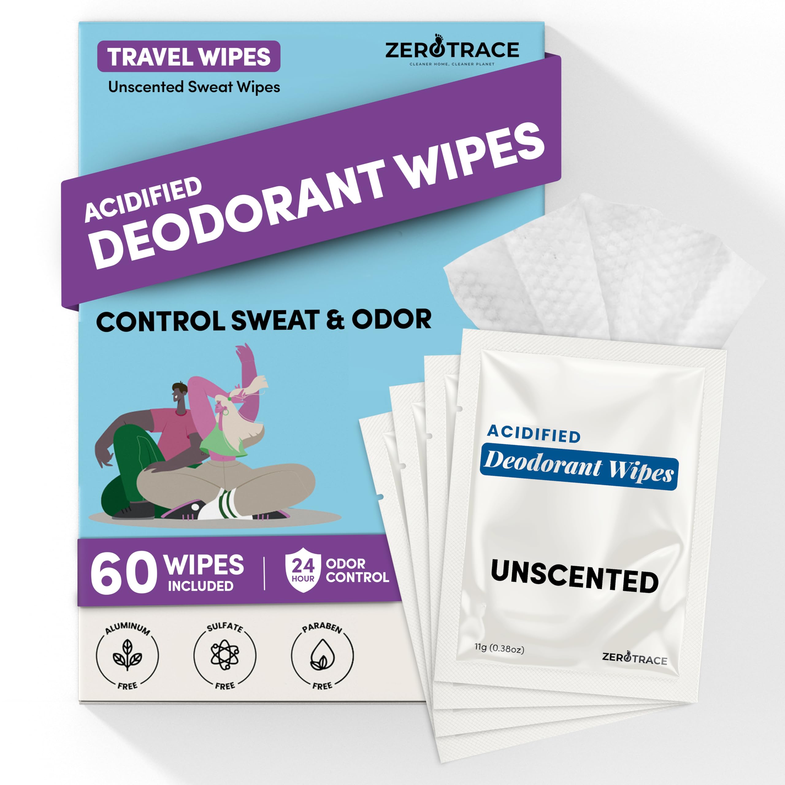 Zero Trace Travel Deodorant Wipes - 60 Count- 24 Hour Odor Control - Aluminum Free Hypoallergenic Deodorant For Women and Men - Individually Wrapped