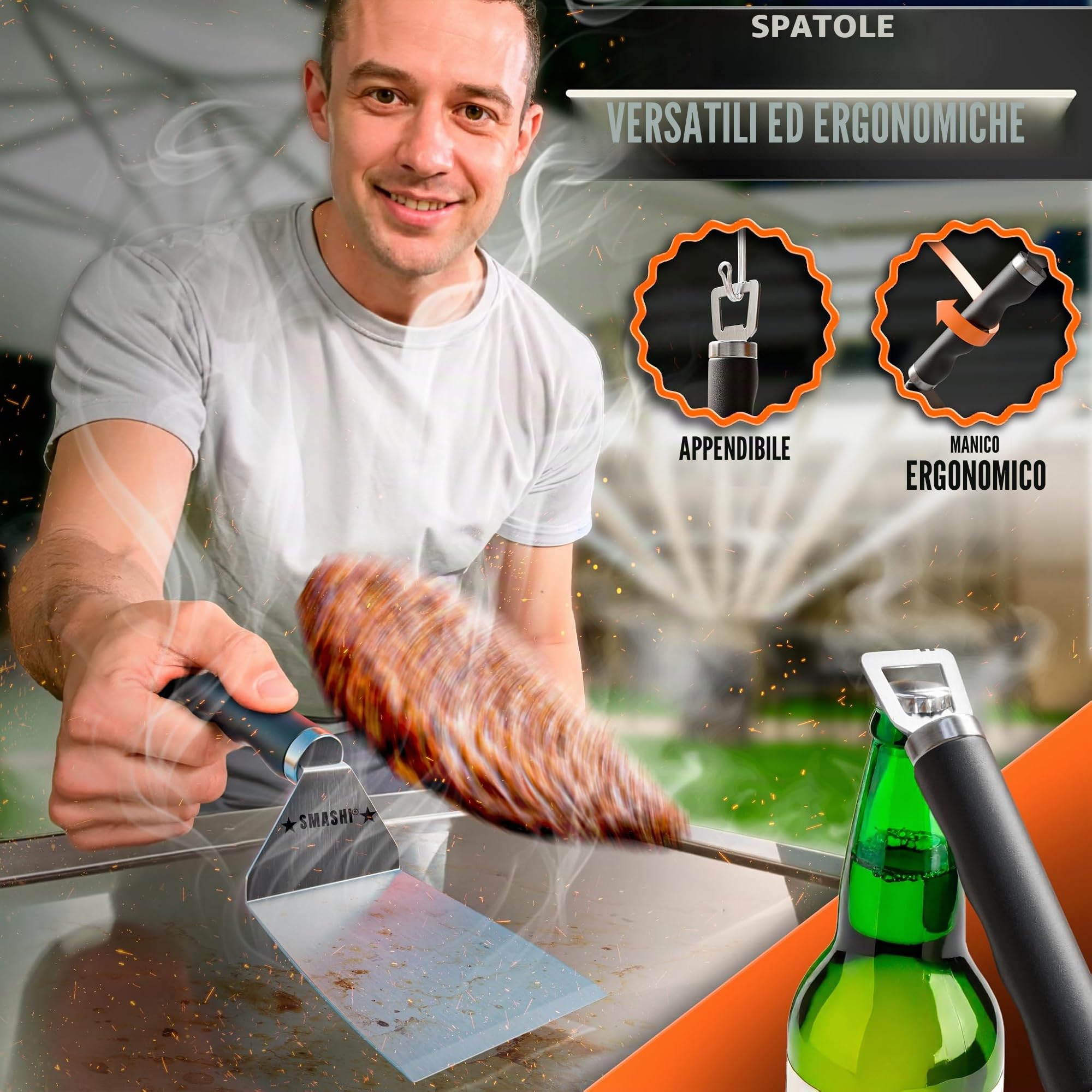 SMASHI® Kit Smash Burger Professionale con Manico Apribottiglie | Acciaio Inox 304 Certificato UE | Pressa Hamburger Antiaderente | Kit Smash Burger Completo (Professionell)