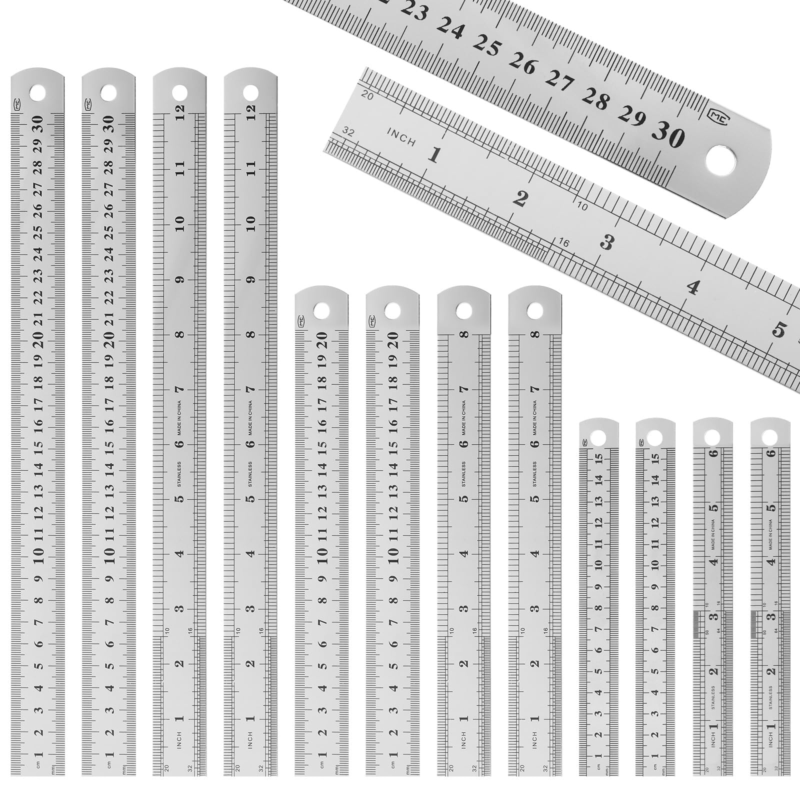 CAIYUANGUANGJIN 12Pcs Stainless Steel Ruler Kit, Double Scale Metal Ruler for Cutting, Precision Straight Edge Measuring Tool with Hole for Office Engineering Teaching Drawing(15 20 30 cm)