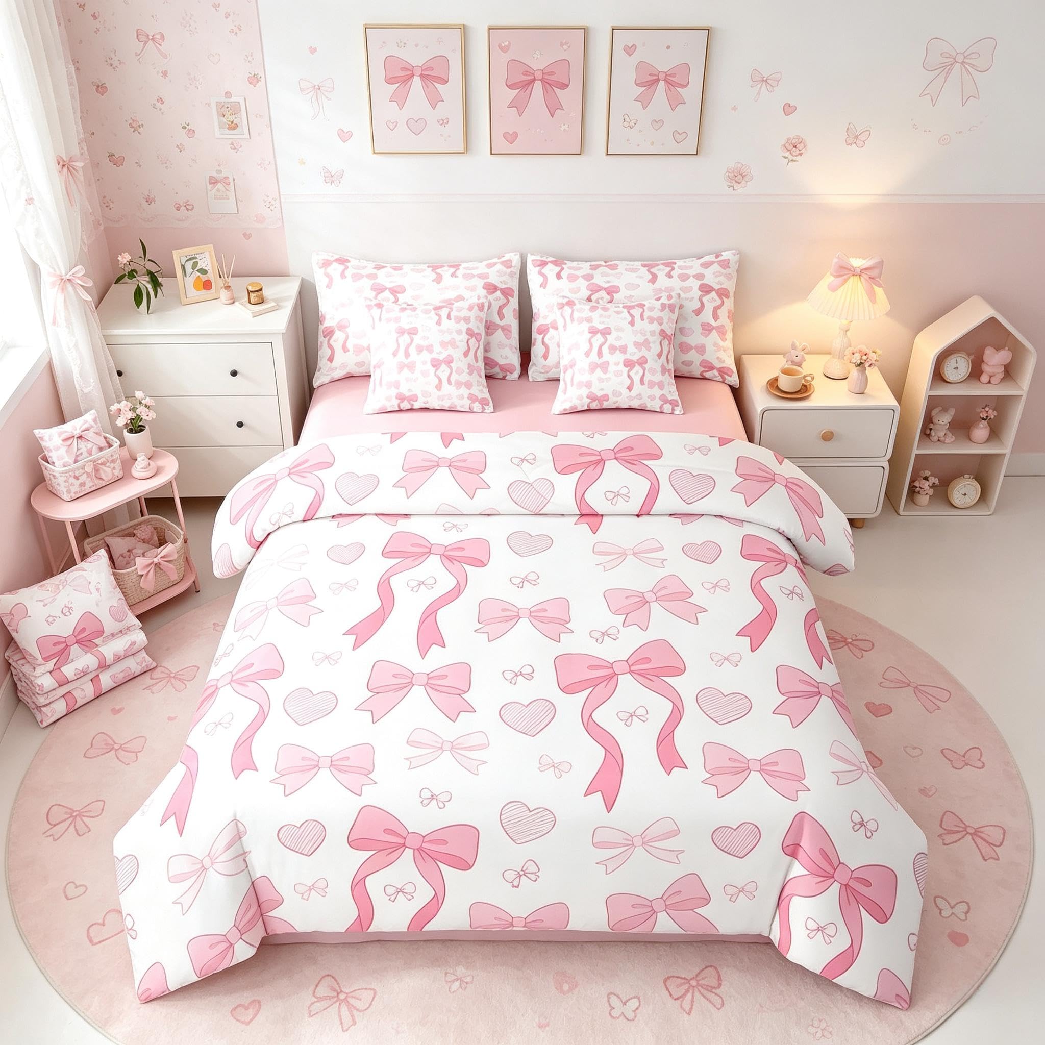 Homemissing Rosa Coquette Bow Lenzuola con arredamento letto camera da letto, carino Bowknot Letto Trapuntato bambini Bow Piumino Letto con lenzuola 7 pezzi 135x200cm Kawaii principessa microfibra