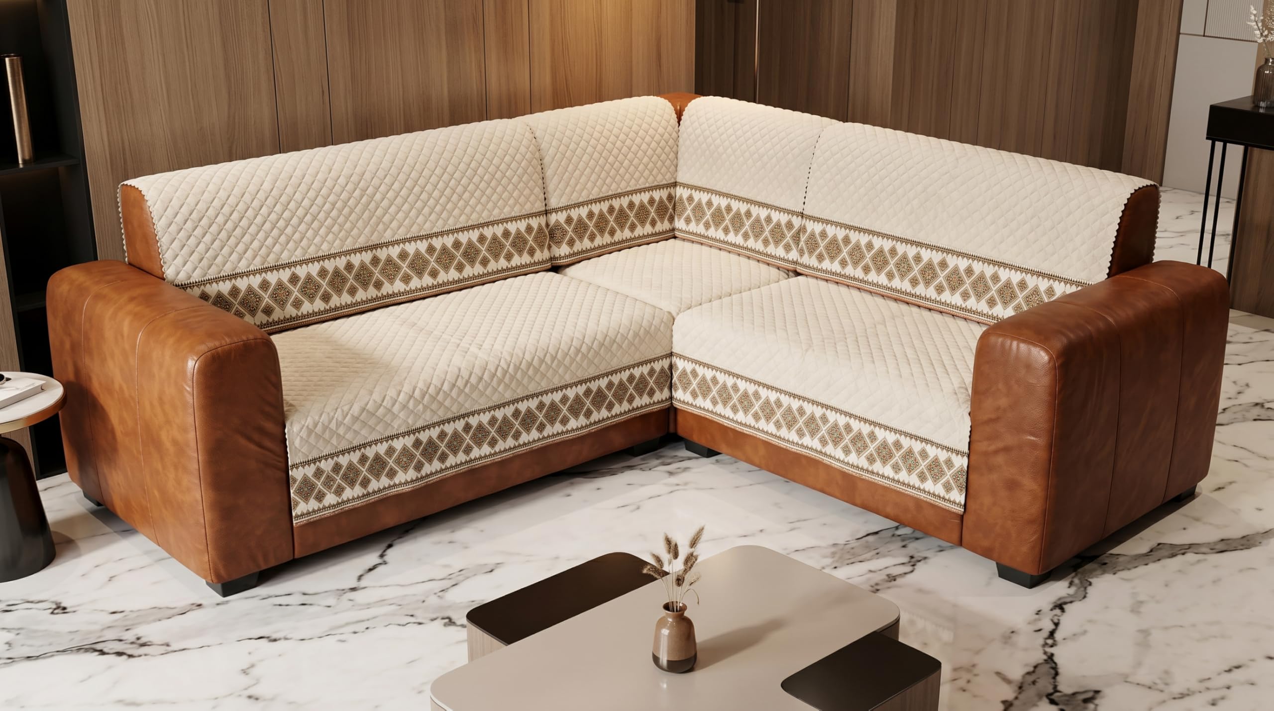Sofa Cover L Shape 7 Seater (4+3) Fully Covered - Classic Ivory Royale Premium Quilted Couch Slipcover with Anti Slip Foam Pipe Lock System, Washable Couch Protector-image-22