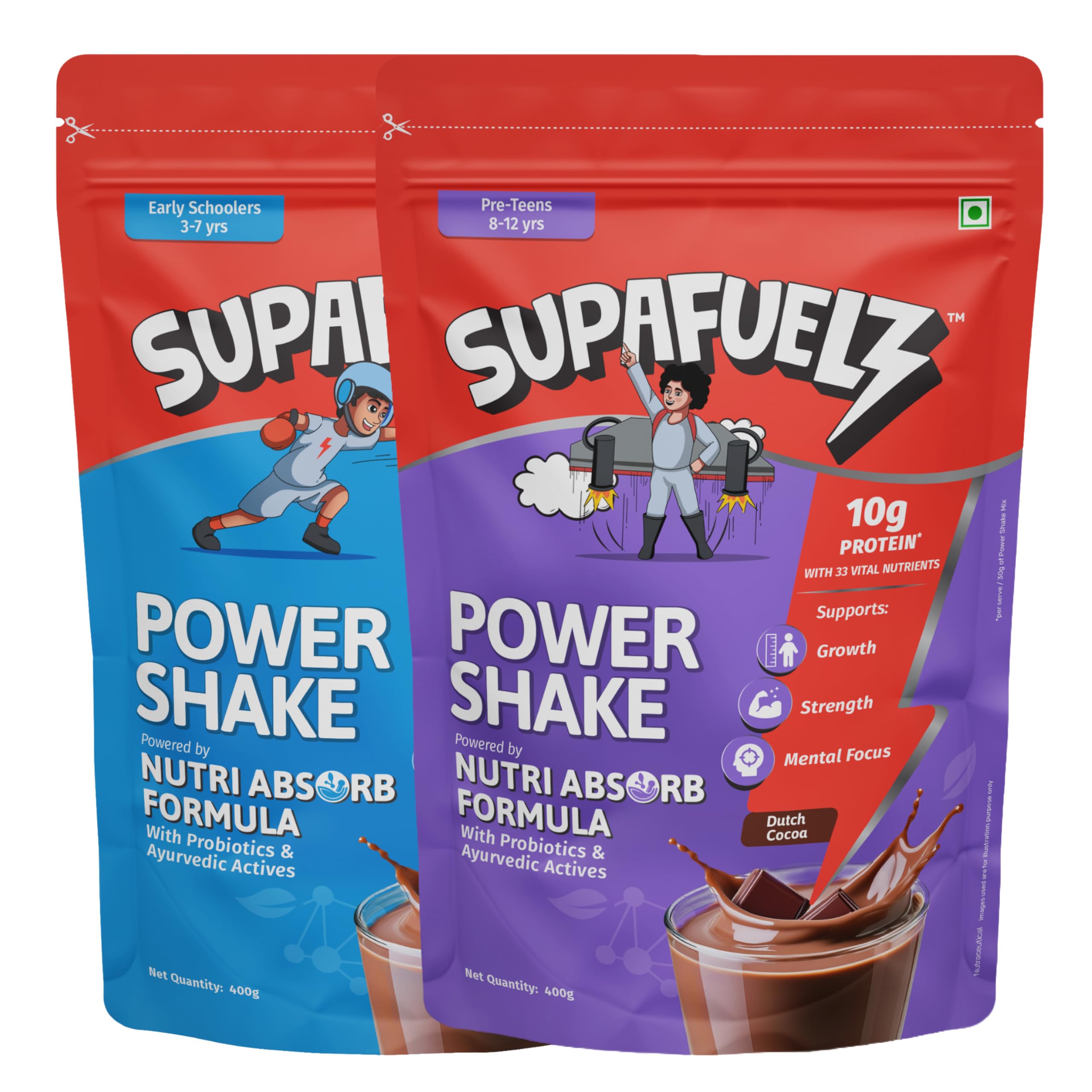 [BRSRGHATBVYQOGQV] Supafuelz Power Shake 3–7 yrs + 8-12 yrs kids(2 x 400g) | Combo Pack | Height & Strength Drink | High Protein, 33 Nutrients, Probiotics & Ayurvedic Actives | Daily Nutrition Drink supports Height, Strength & Focus | Chocolate 800g | Safe Nutrition Drink For Kids