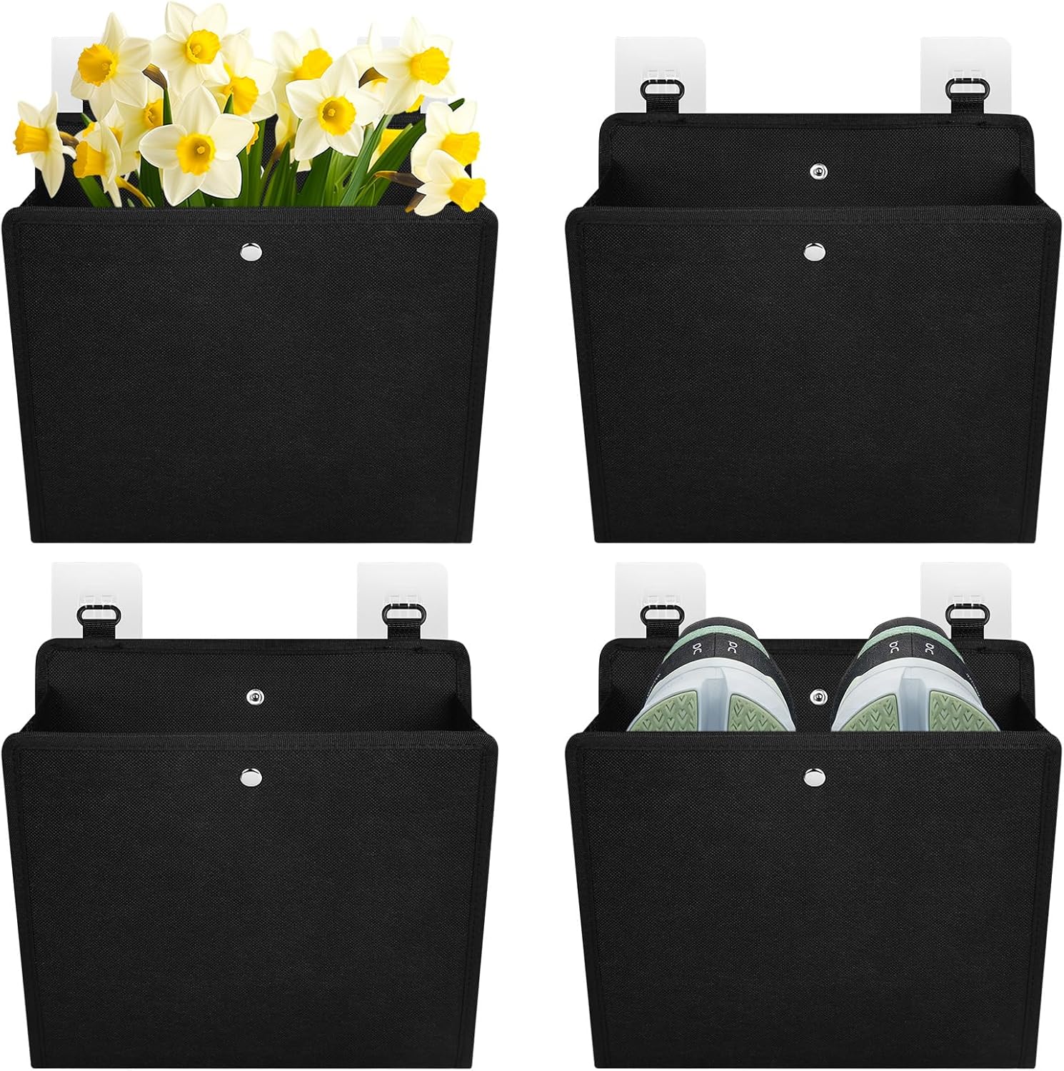 Pack of 4 Hanging Storage, Shoe Organiser Hanging with 8 Hooks, Wall Hanging Storage Bag for Dorm, Apartments and RV Equipment, 45° Opening Storage, No Drilling