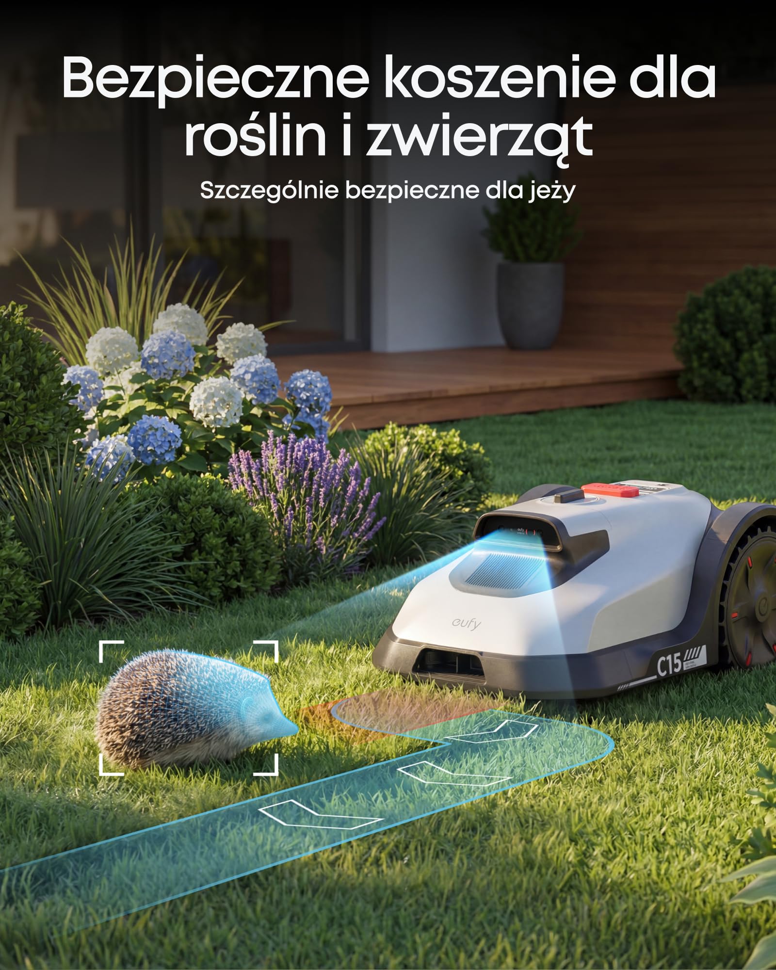 Robot koszący eufy C15, bezprzewodowy, bez RTK, bez problemów z sygnałem, automatyczne mapowanie, precyzyjne omijanie przeszkód, niezawodna pielęgnacja trawnika, bezproblemowe użytkowanie