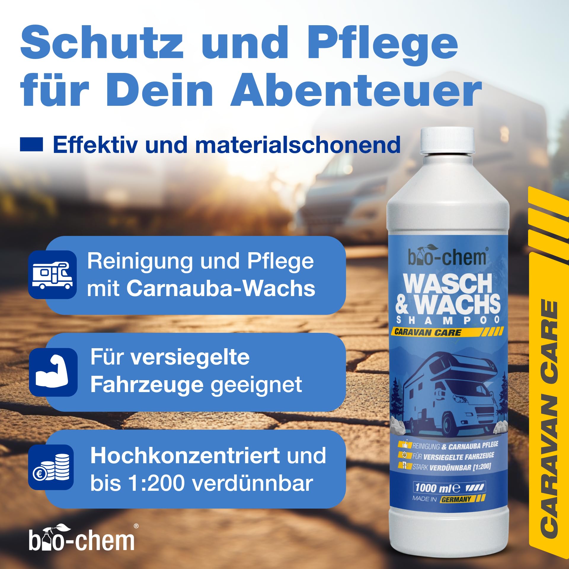 bio-chem Caravan Wasch & Wachs Shampoo 2x 1L | Konzentrat mit Carnaubawachs für Wohnmobil, Wohnwagen & Boot | pH-neutral
