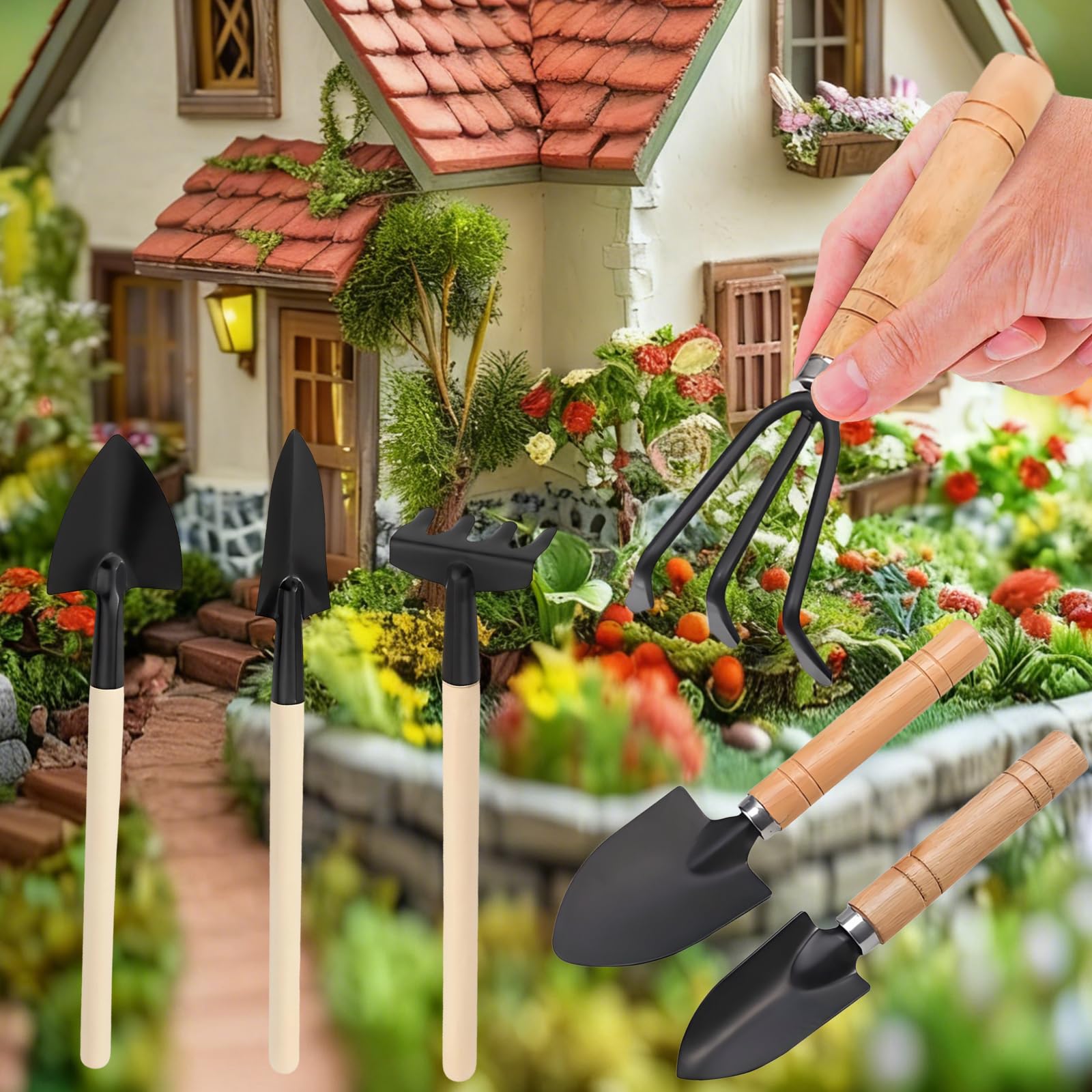 6 Juego de Herramientas de Jardín, Mini Herramientas Jardineria, Herramientas de Jardín Pequeñas, Kit de Jardinería Mango de Madera, Pala, Pala Pequeña, Rastrillo, para Suculentas, Plantas en Maceta