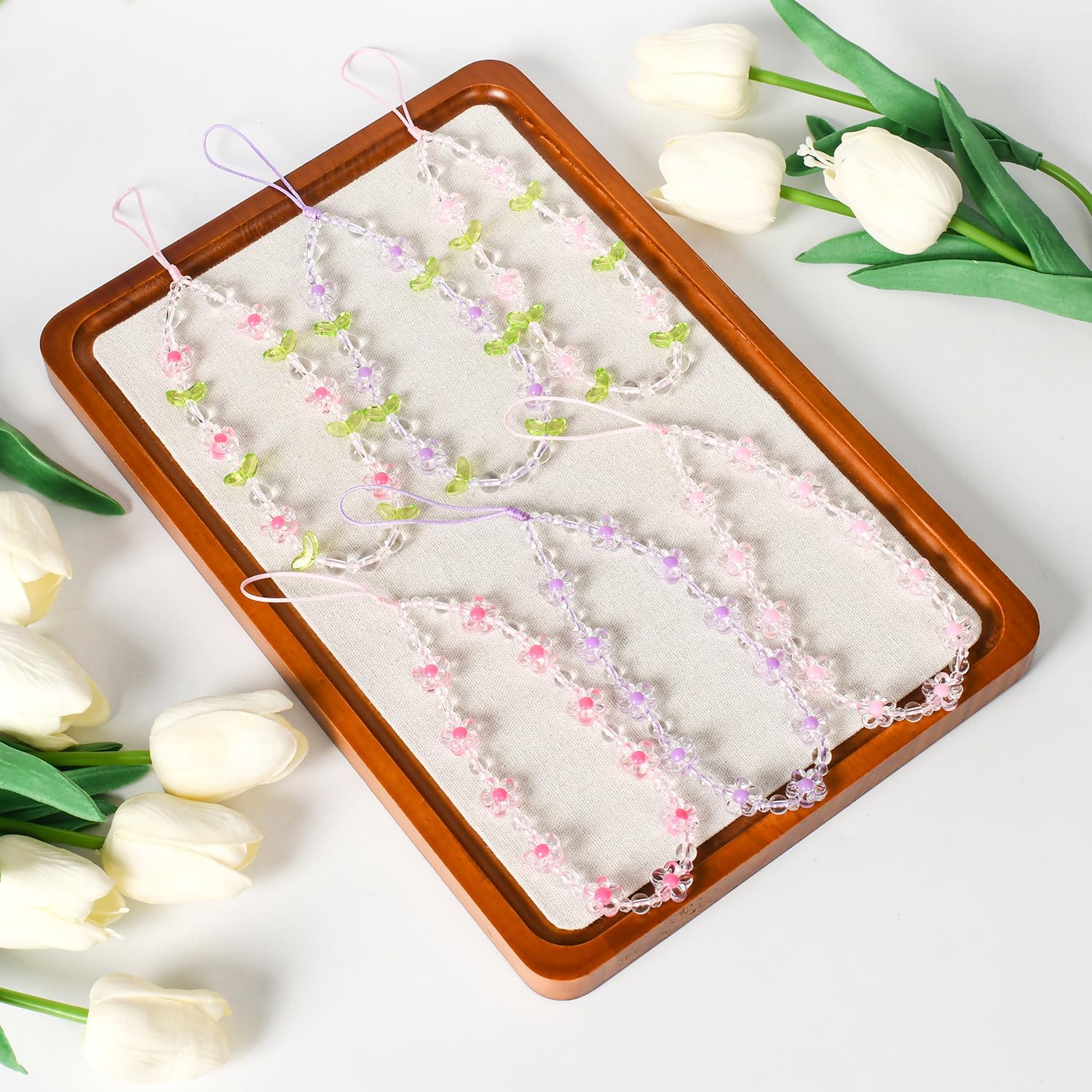 2pcs Cute Flower Charm Straps for Phone,Keychain,Purse- Beaded Crystal Phone Lanyard and Wrist Strap,Women Girls Gift - Image 3