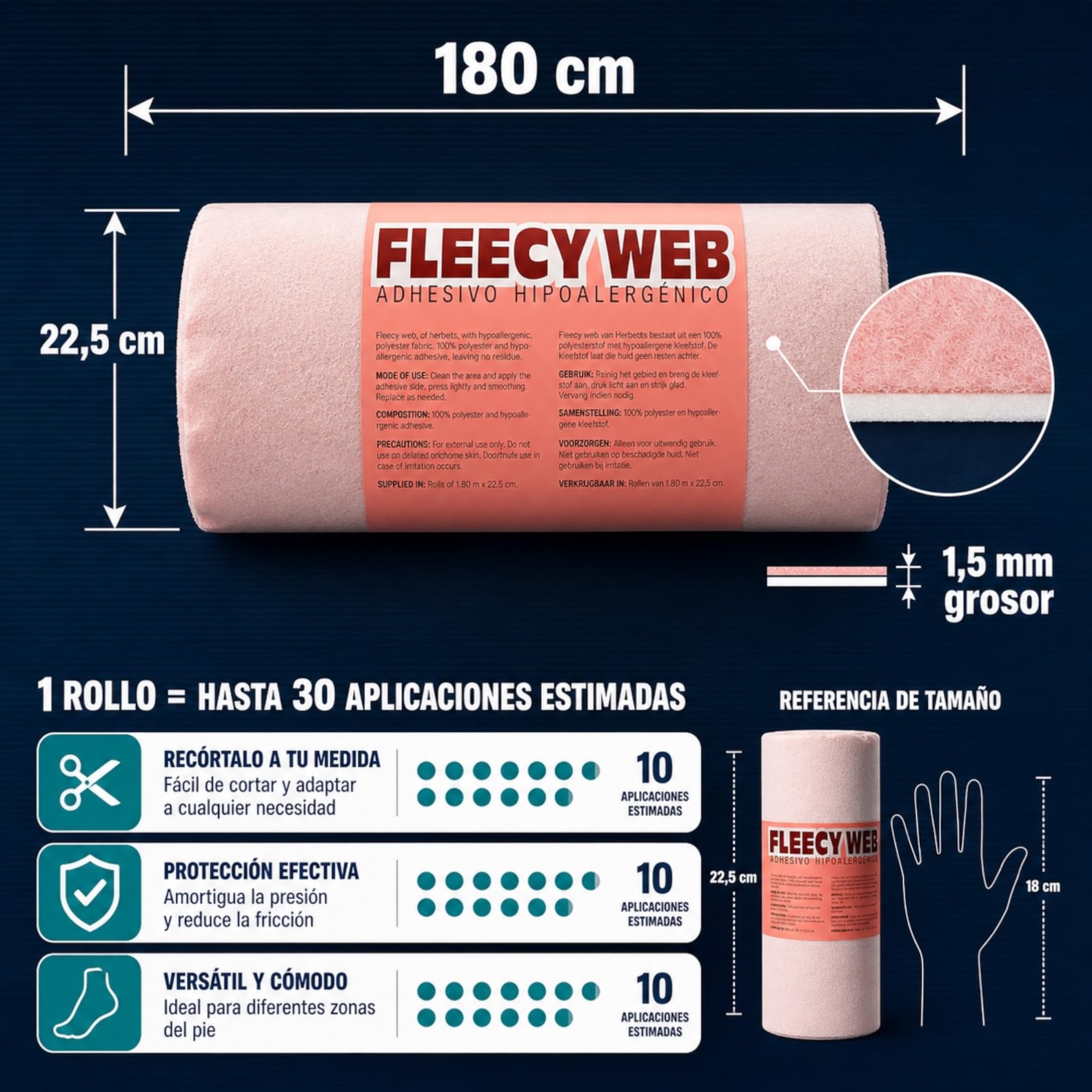 Fieltro Adhesivo 1 Rollo de 1.5mm. Almohadillas para Pies Ante Rozaduras y Úlceras Protección Plantar. Fieltro Adhesivo Podologia Recortable para Pie Diabetico. Útil para Juanetes y Talones.