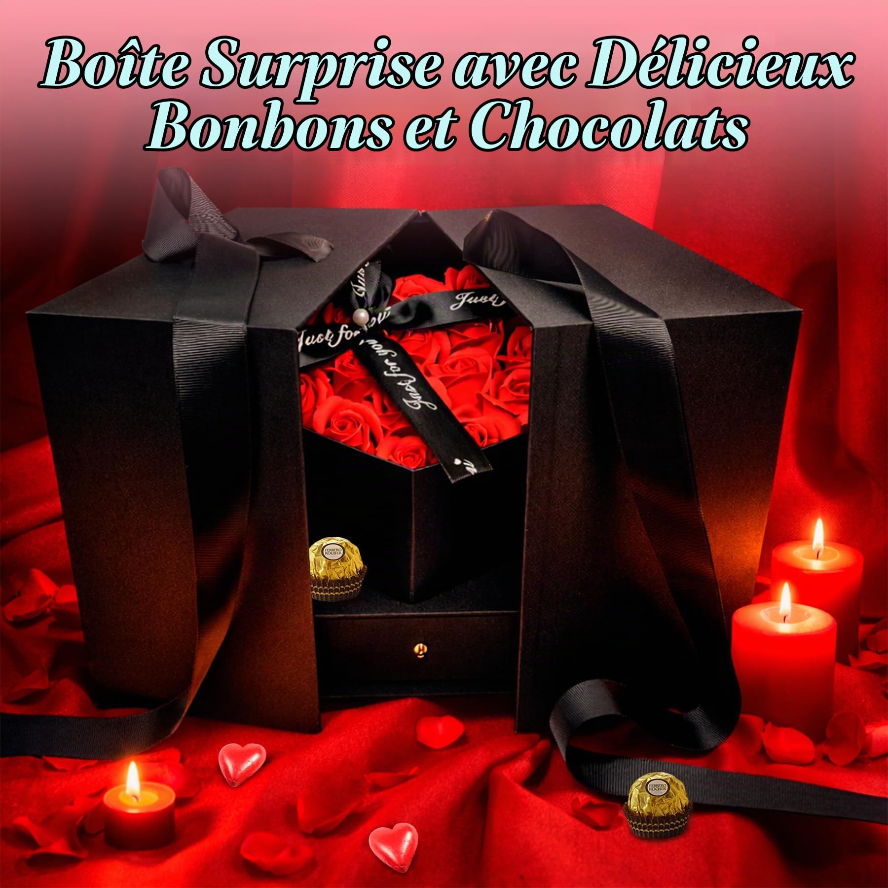 Coffret Écrin Premium de Saint-Valentin · Cadeau Deluxe avec 18 Roses Parfumées et plus de 36 Chocolats Ferrero Rocher, Lindt Lindor, Caja Roja, Cœurs en Chocolat, Kinder Bueno et plus · Écrin Réutili
