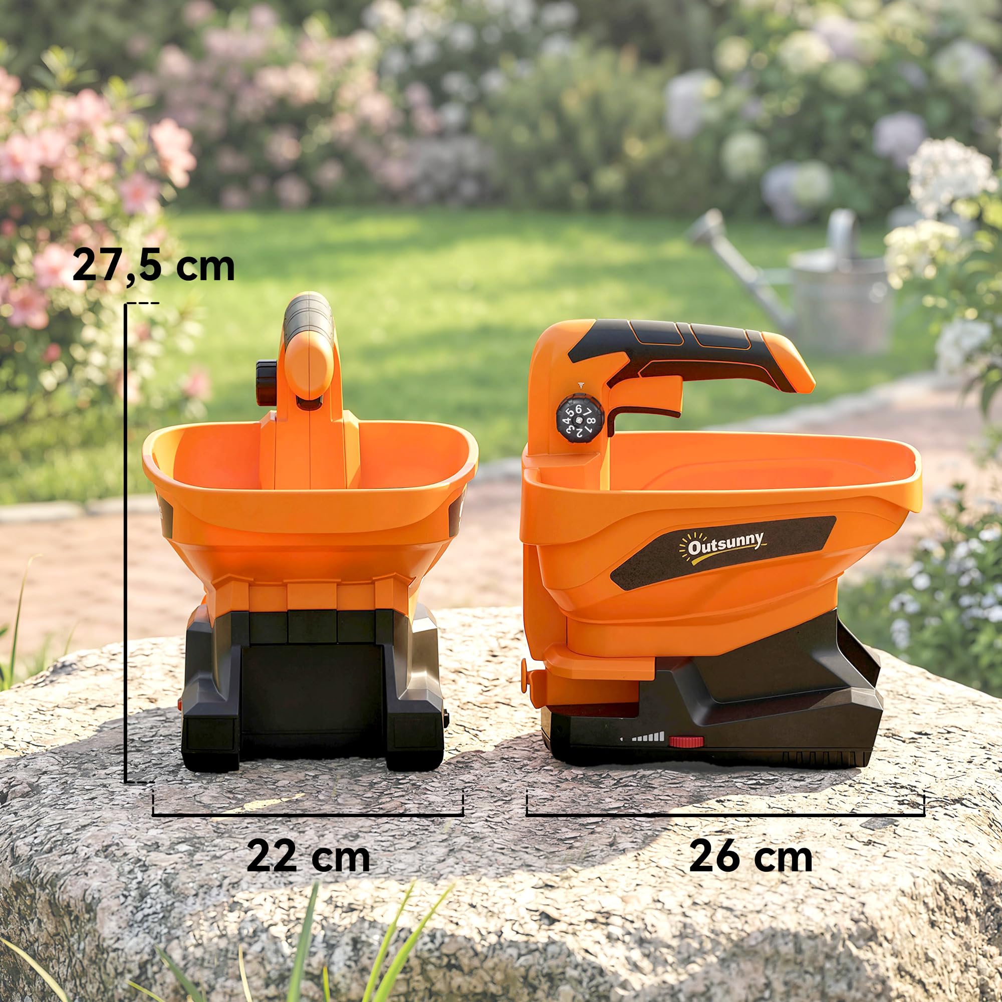 Outsunny Esparcidor Portátil 3,3 L, 8 Niveles de Flujo, Ancho de Proyección Regulable 3 Niveles, Puerto USB, Esparcidor de Semillas para Césped, Sal, Gravilla hasta 800 m², Naranja