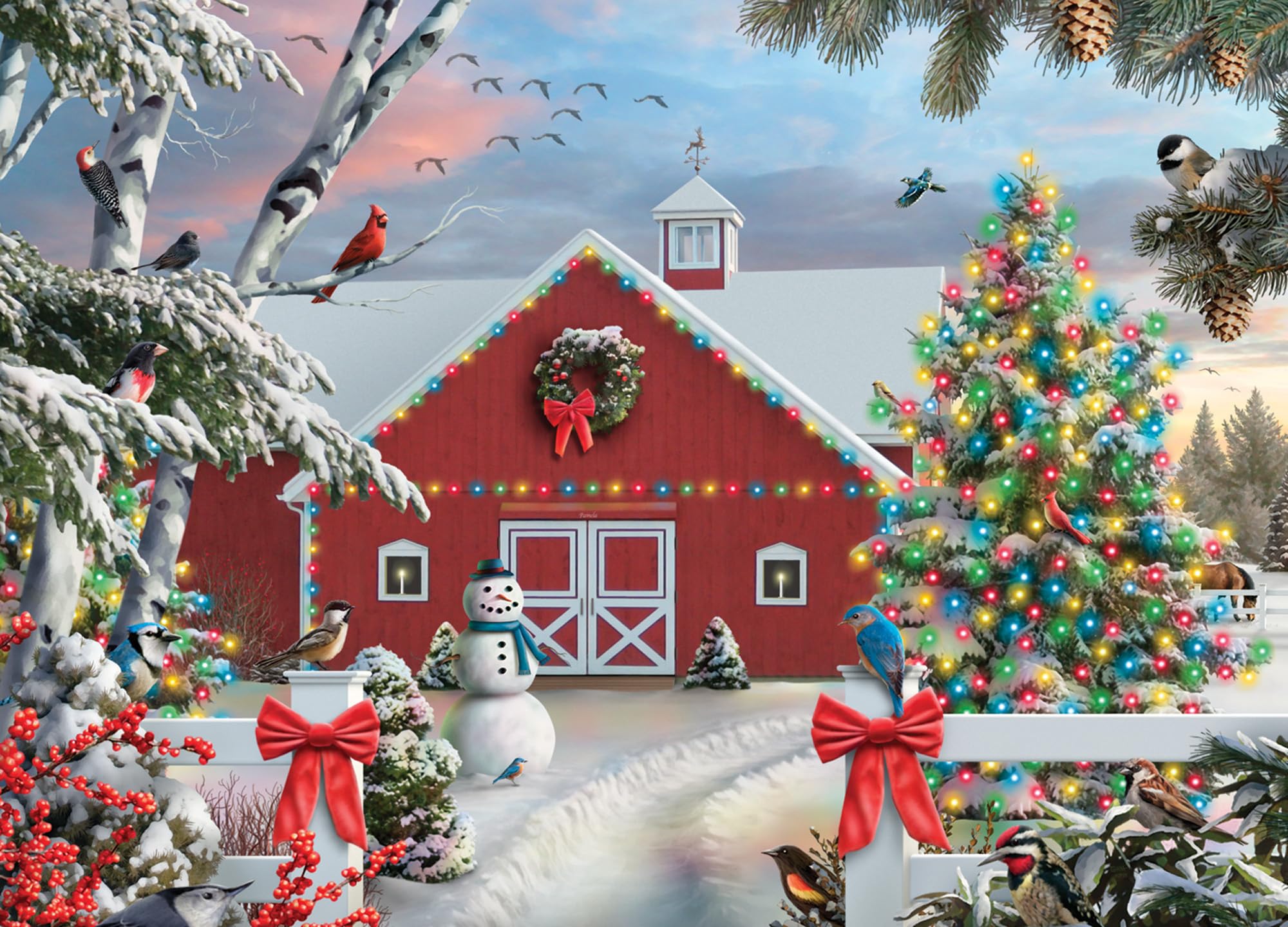 Vermont Christmas Company Box of Festive Farm Christmas Cards - Red Barn Whimsical Holdiay Cards -15 Cards & 16 Foil Lined Envelopes - Packed in