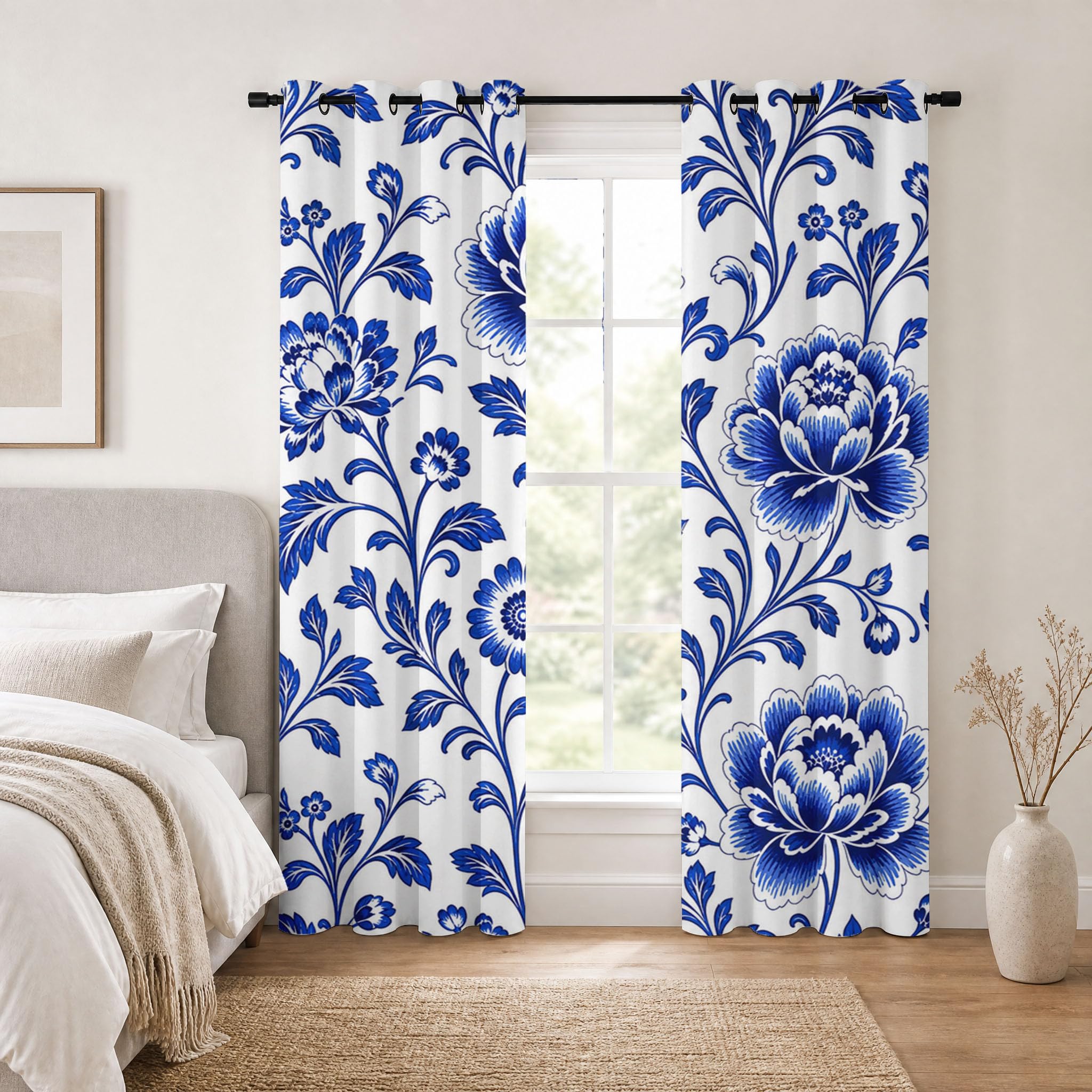 Blau-Weiße Porzellanpfingstrose Verdunkelungsvorhänge mit Ösen im Retro-Blumenmuster | Blickdichte Vorhänge für Schlafzimmer, Wohnzimmer und Kinderzimmer,H200cmxB140cm(2er Pack)