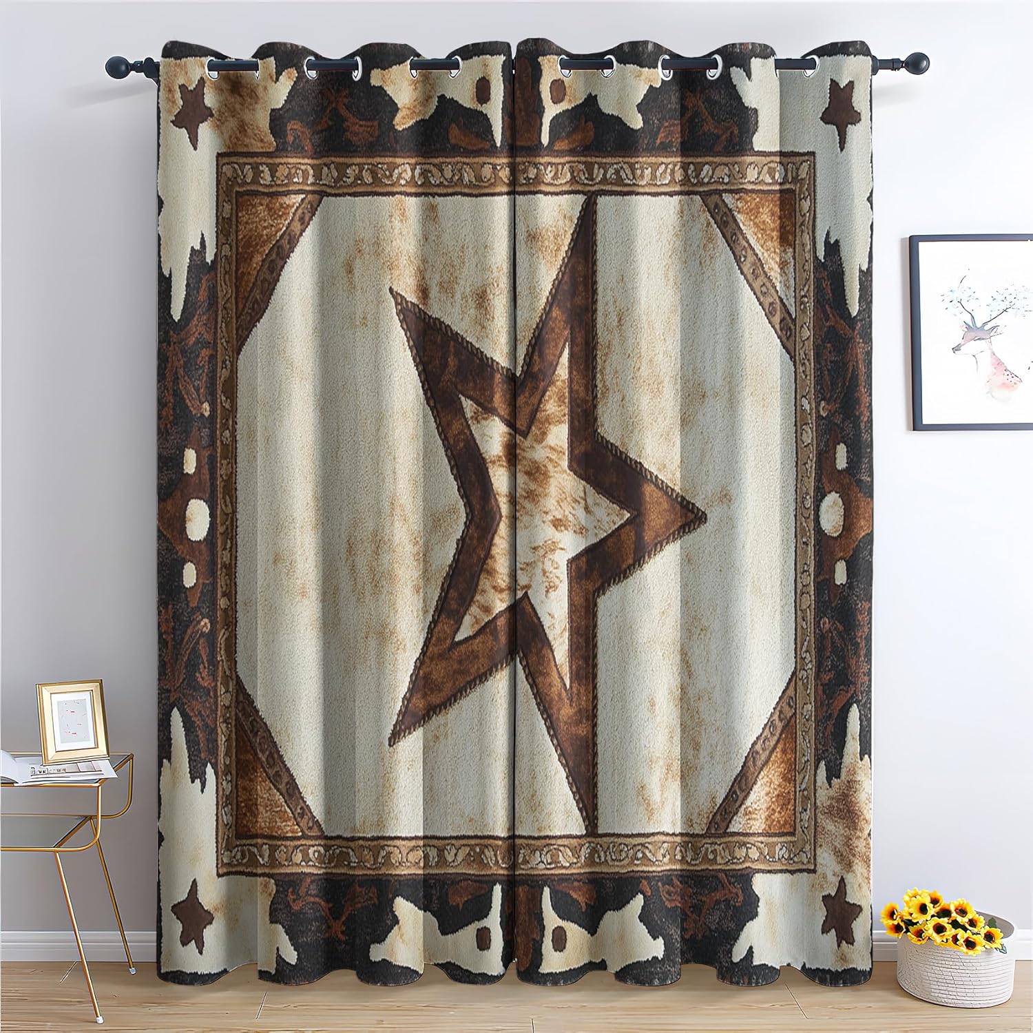 Western Texas Star Blackout Curtains for Living Room Bedroom, Thermal Insulated Room Darkening Grommet Drapes, Cowhide Rustic Farmhouse Window Curtains, 63 Inch Drapes 2 Panel Set
