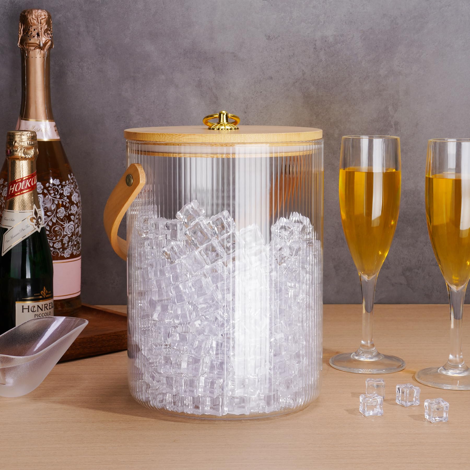 NiHome 3L Glas Eiswürfelbehälter mit Bamboo Deckel, Schaufel & Zange – Eiskübel mit Griff und rutschfester Basis, Eisbehälter für Eiswürfel, ideal zum Kühlen von Bier, Wein und Sekt bei Party oder Bar