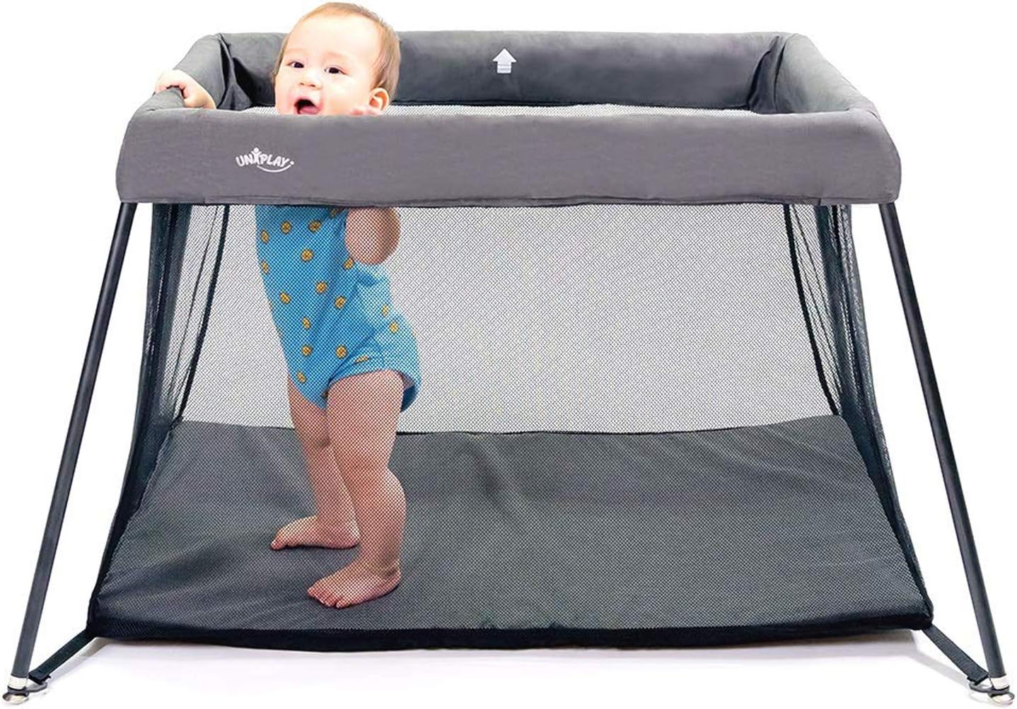 UNiPLAY Foldable Travel Crib, Lightweight Portable Playpen, Easy to Pack Playard with Comfortable Mattress and Breathable Mesh Liner for Infants and Toddlers