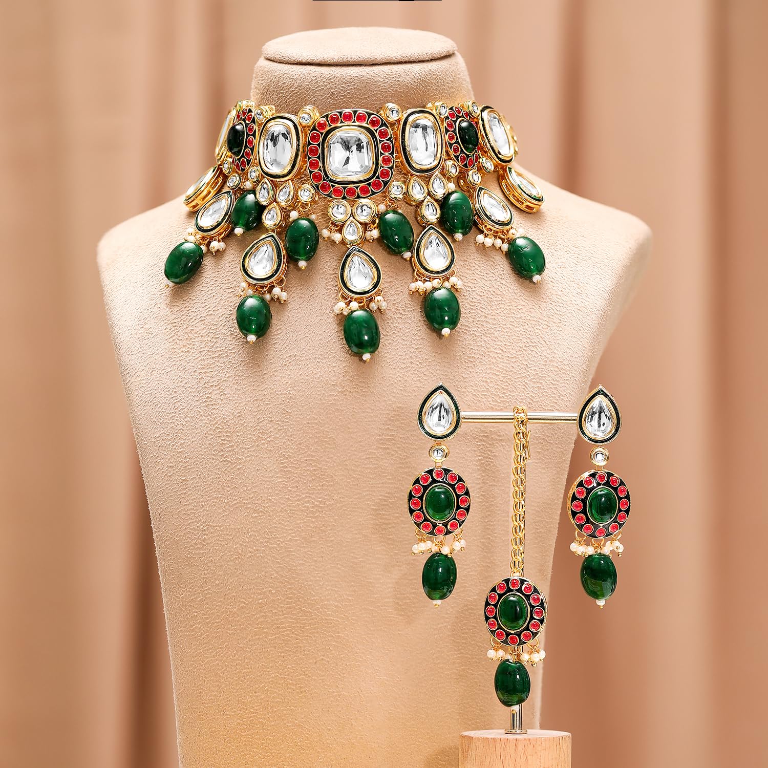 Rubans Juego de collar Maangtikka chapado en oro Kundan y perlas, regalo para mujeres y niñas
