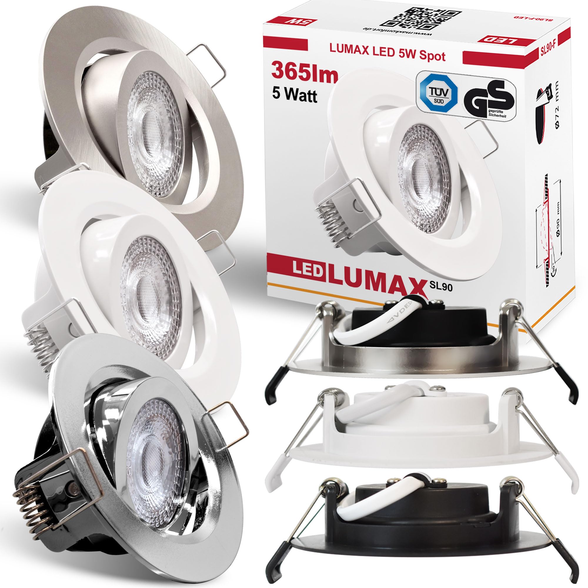 Maxkomfort LED Einbaustrahler Weiß 230V dimmbar 12x 5W 365lm warmweiß ultraflach schwenkbar Ø72mm Deckenspot für Küche Wohnzimmer Flur LED Spots Energieklasse F Lumax