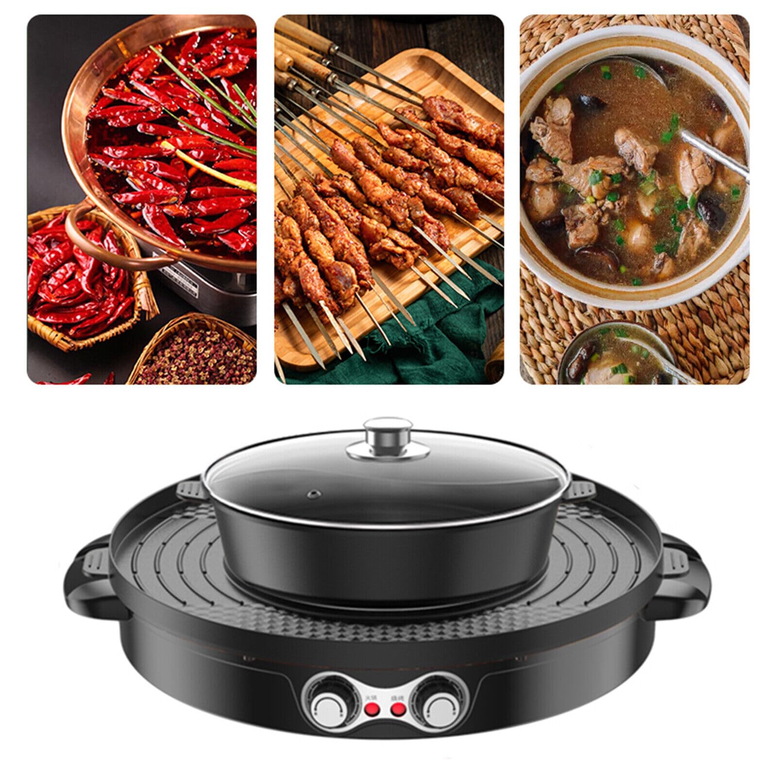 Hot Pot BBQ Poêle à griller électrique 2 en 1 2200 W Hotpot multifonction Poêle à frire double séparation ronde Four de table Grill sans fumée Noir
