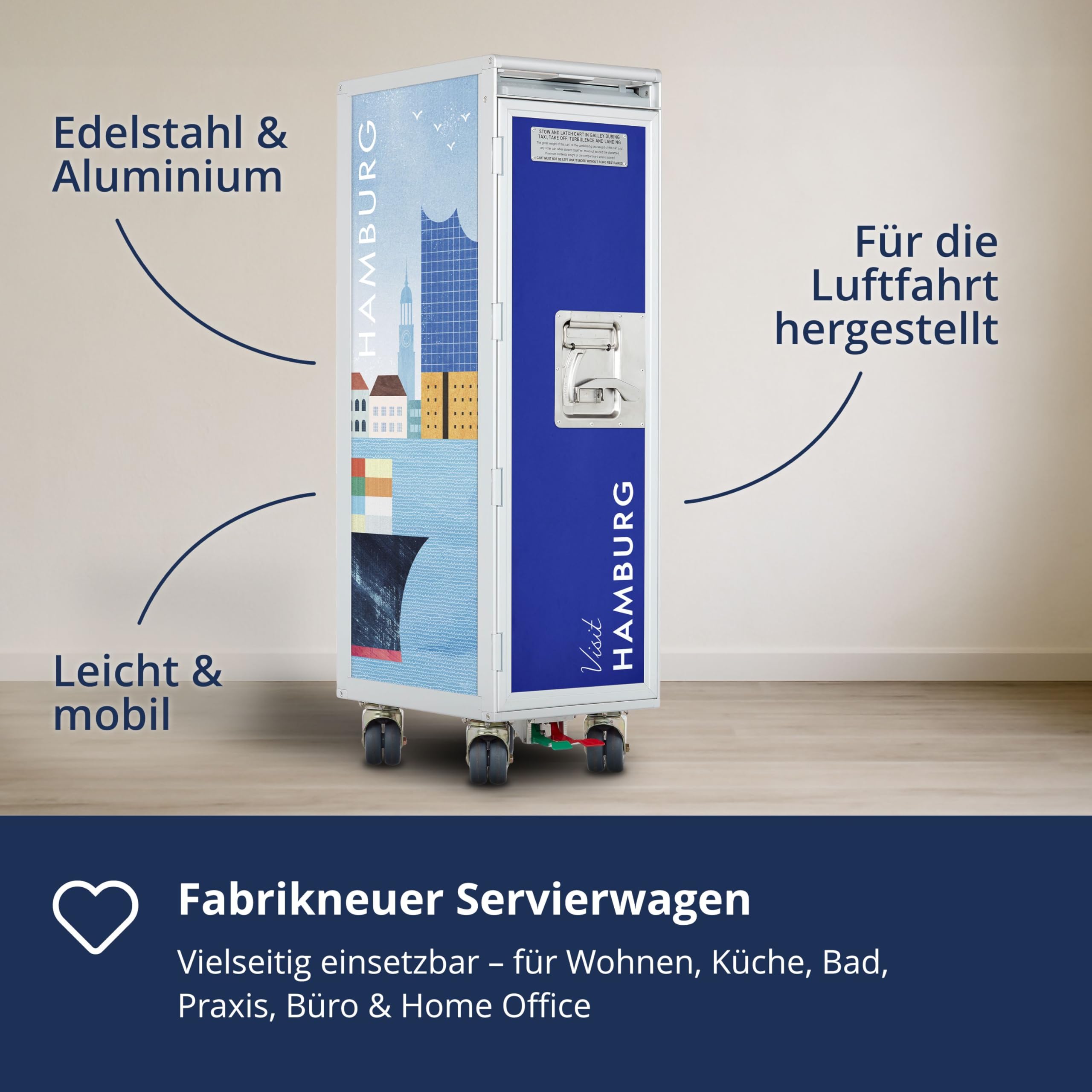 Airline Trolley Henry Rivers, Büroschrank, Aktenschrank klein, Küchenwagen Edelstahl, Norm: Atlas, 103 x 30,5 x 40,5, Flugzeugtrolley, Visit Hamburg, Küche