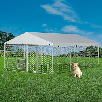 Lyromix 10 x 15FT Large Outdoor Dog Kennel with Roof and Bowls, Galvanized Heavy Duty Chain Link Dog Run, Outside Dog Kennel with Secure Lock, Dog Fence Outdoor for Yard