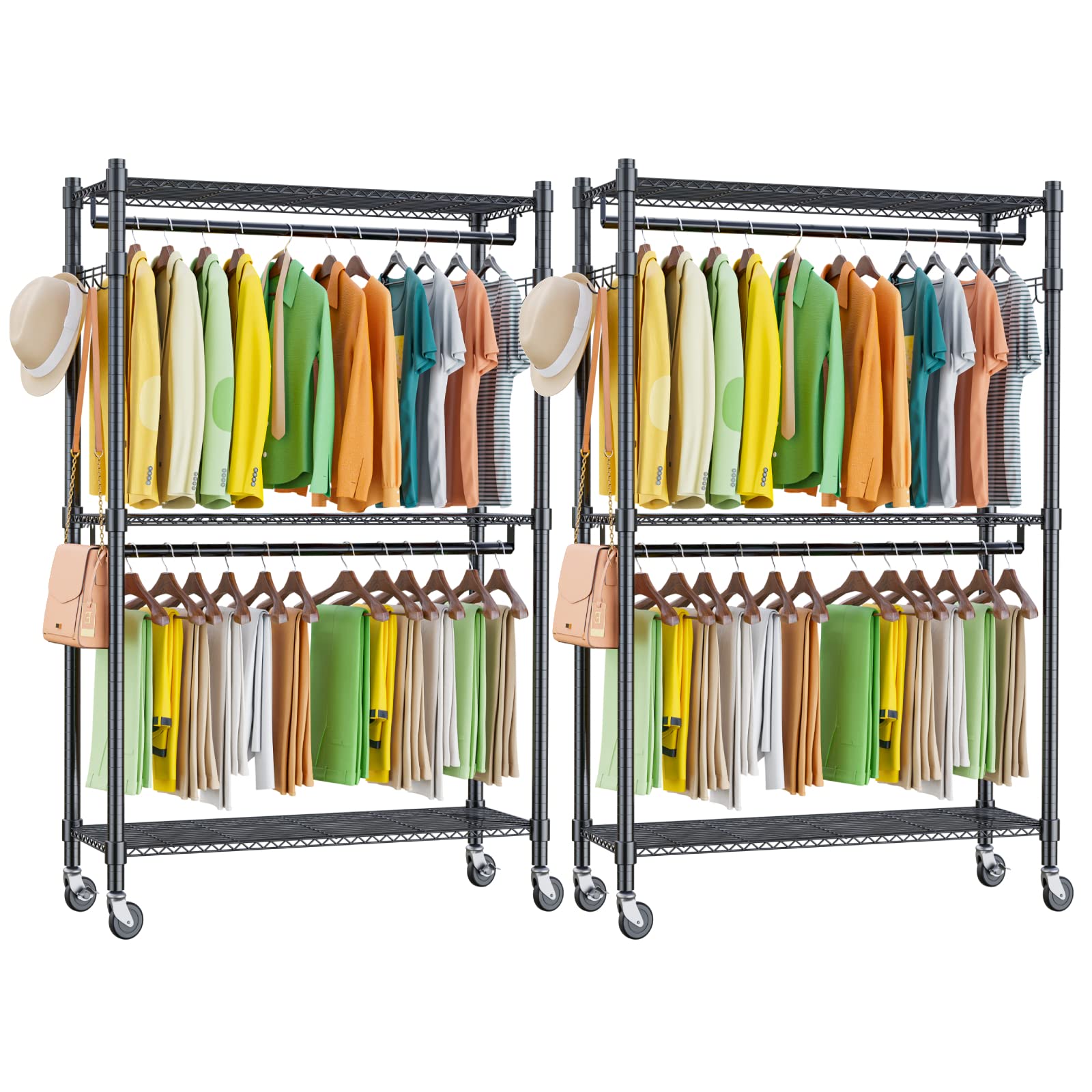 Homdox Double Rod Closet 3 Shelves Wire Shelving Clothing Rolling Rack Heavy Duty Garment Rack with Wheels and Side Hooks, 2-Pack