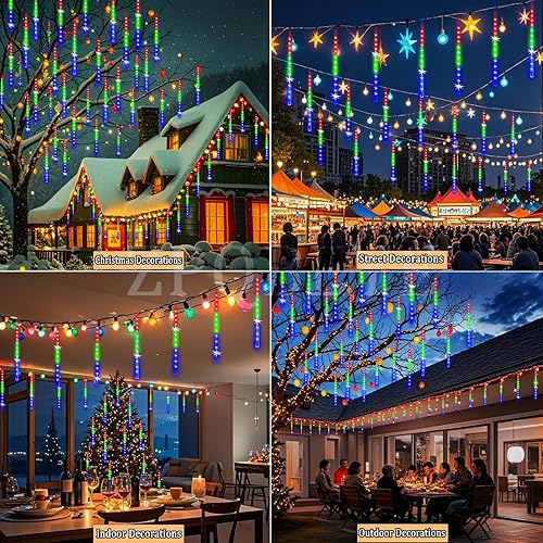 Miniatura 4 de Luces de lluvia de meteoritos para exteriores, luces de Navidad de 24 tubos 576 LED, luz de carámbano en cascada de nieve para decoración de árbol