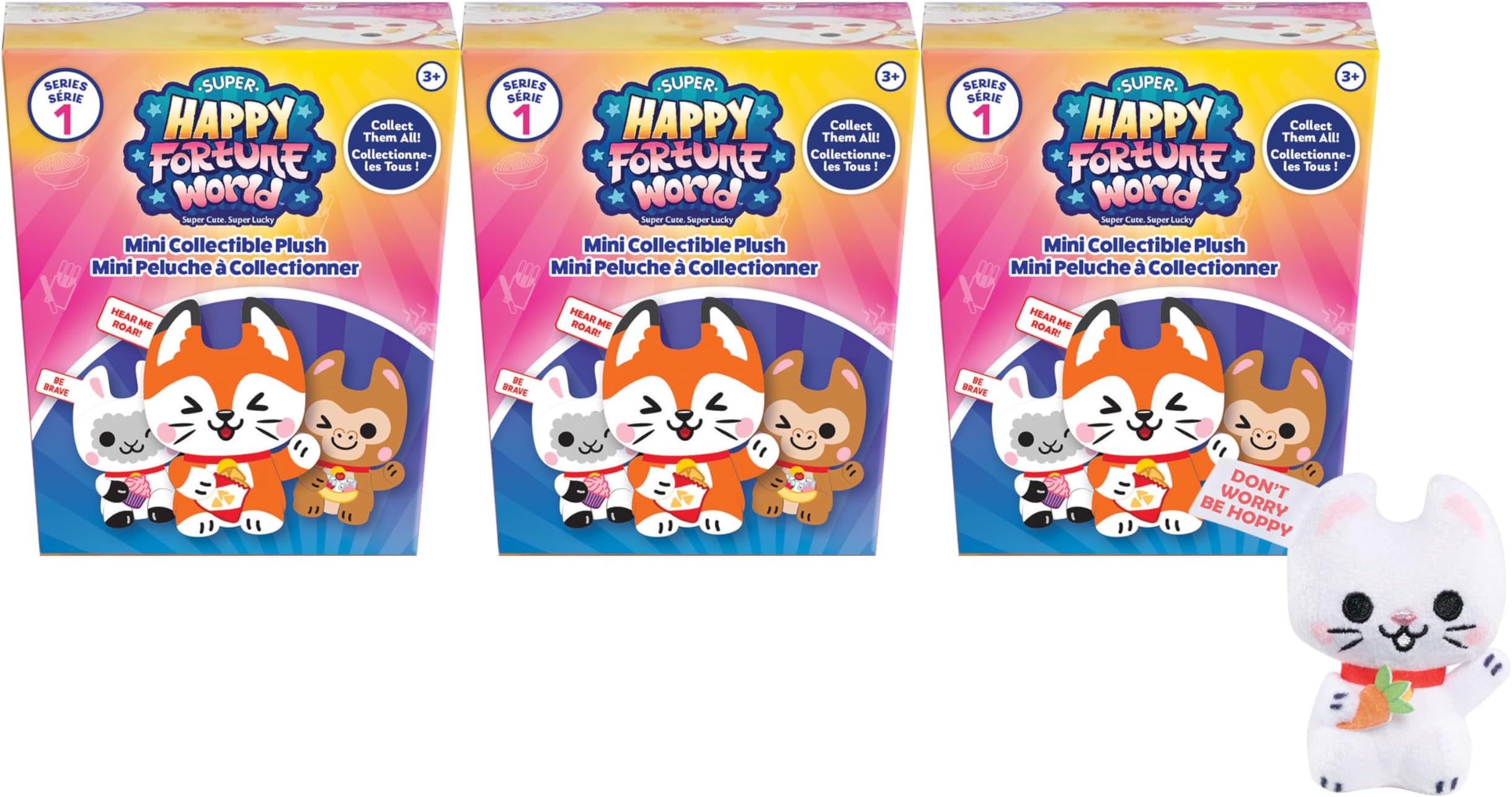 Just Play Super Happy Fortune World Mini Collectible Stylized Plush Stuffed Animals, Pack of 3, Kids Toys for Ages 3 Up