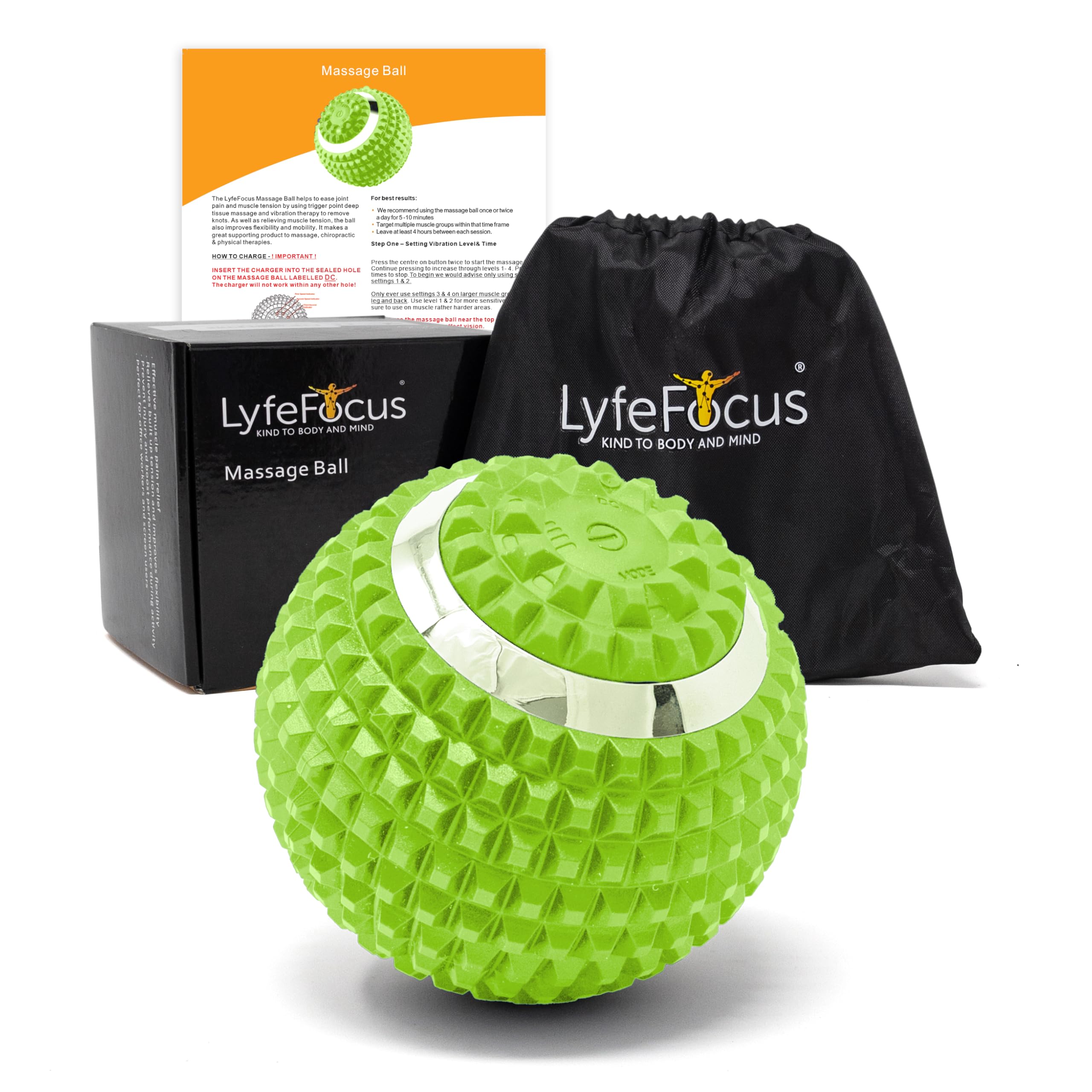 LyfeFocus Massage Ball with 4 Safety Approved Vibration Settings for Pain and Muscle Tension Relief - Specialist Approved Sports Trigger Point Massage Roller Ball - with Carry Bag (Green)