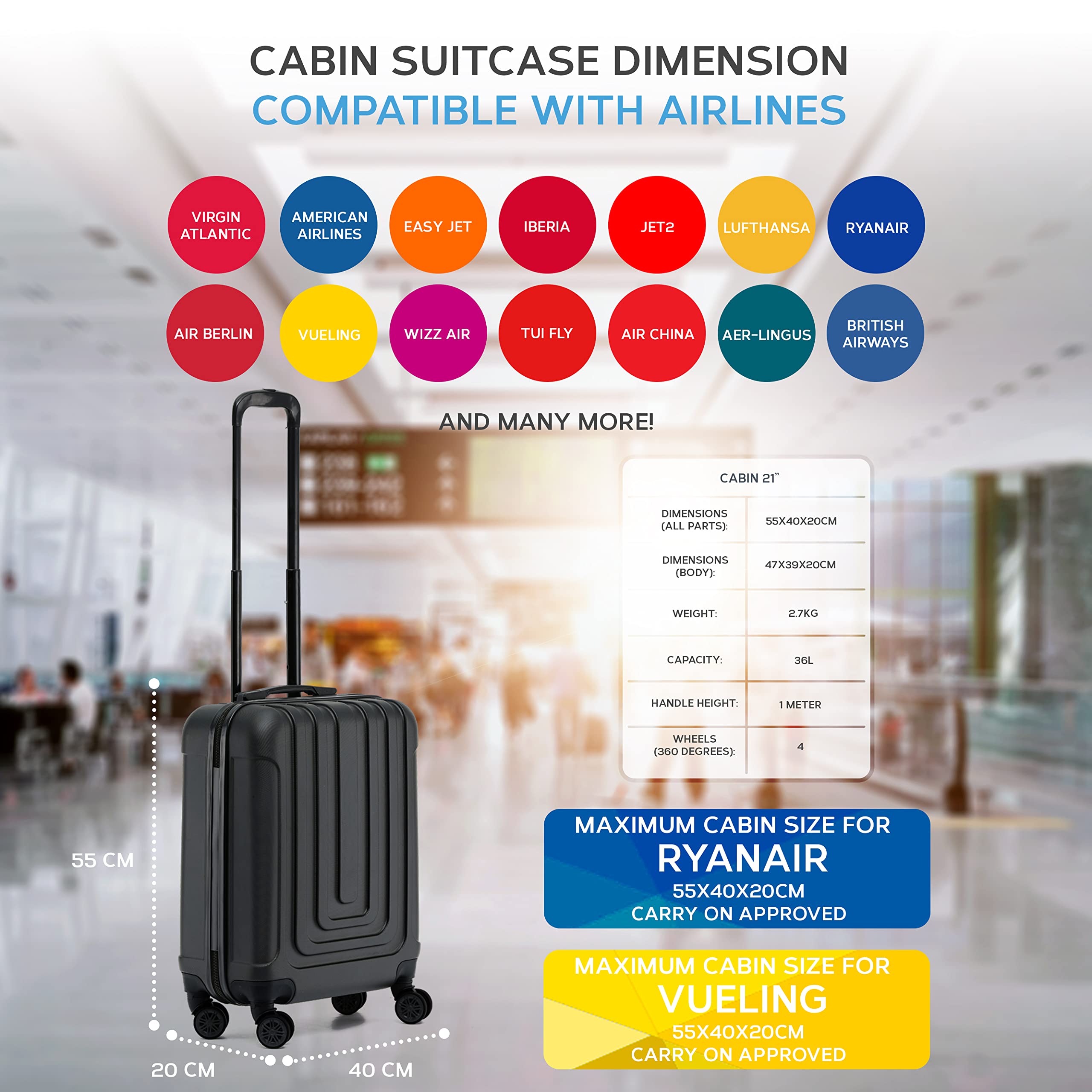 Flight Knight Premium Set of 2 Lightweight Cabin Suitcase - 8 Spinner Wheels - Built-in TSA Lock & USB Port - Luggage Approved for Over 100 Airlines Including Ryanair Priority - 55x40x20cm