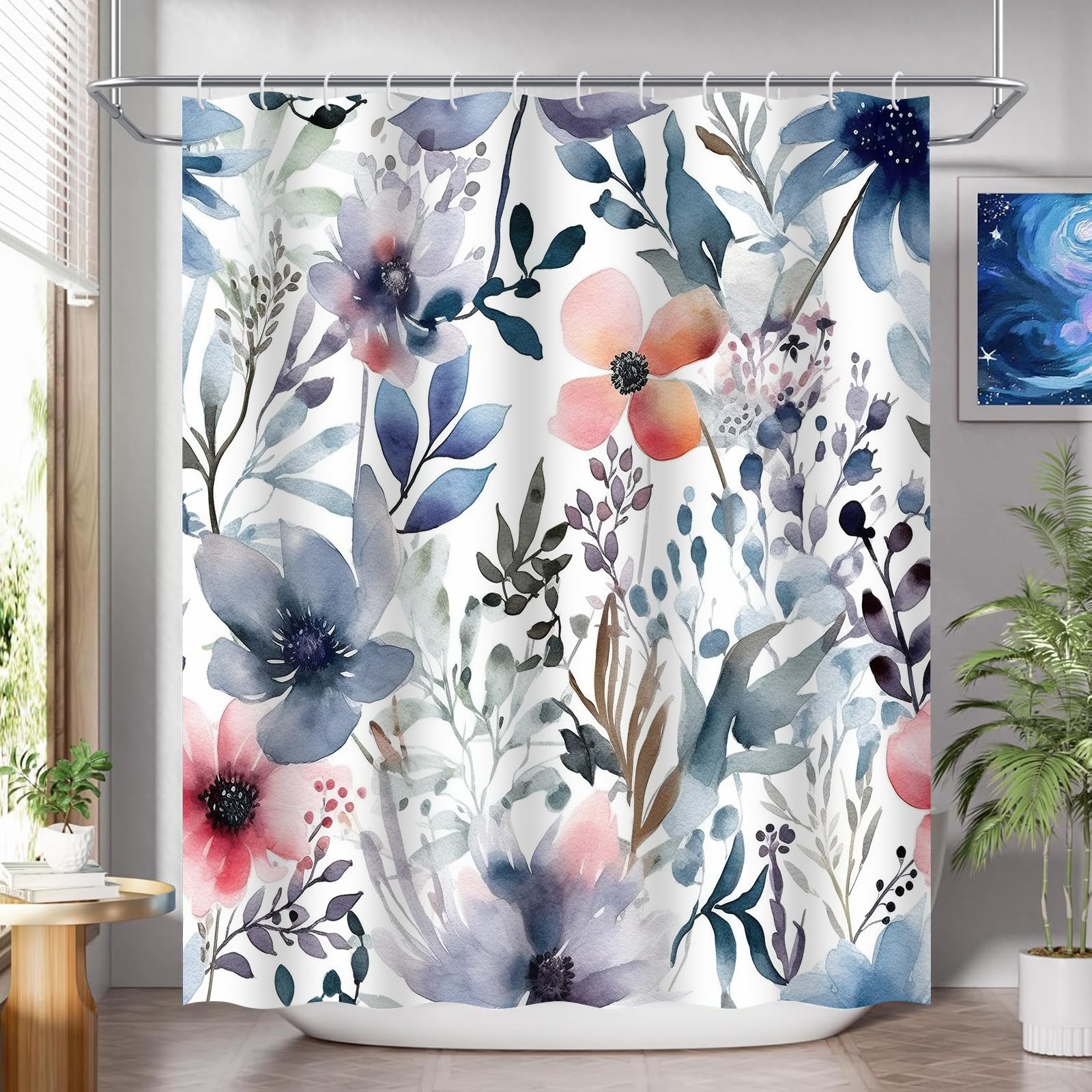 Rideau douche 180x220 tissu fleur violette lavable