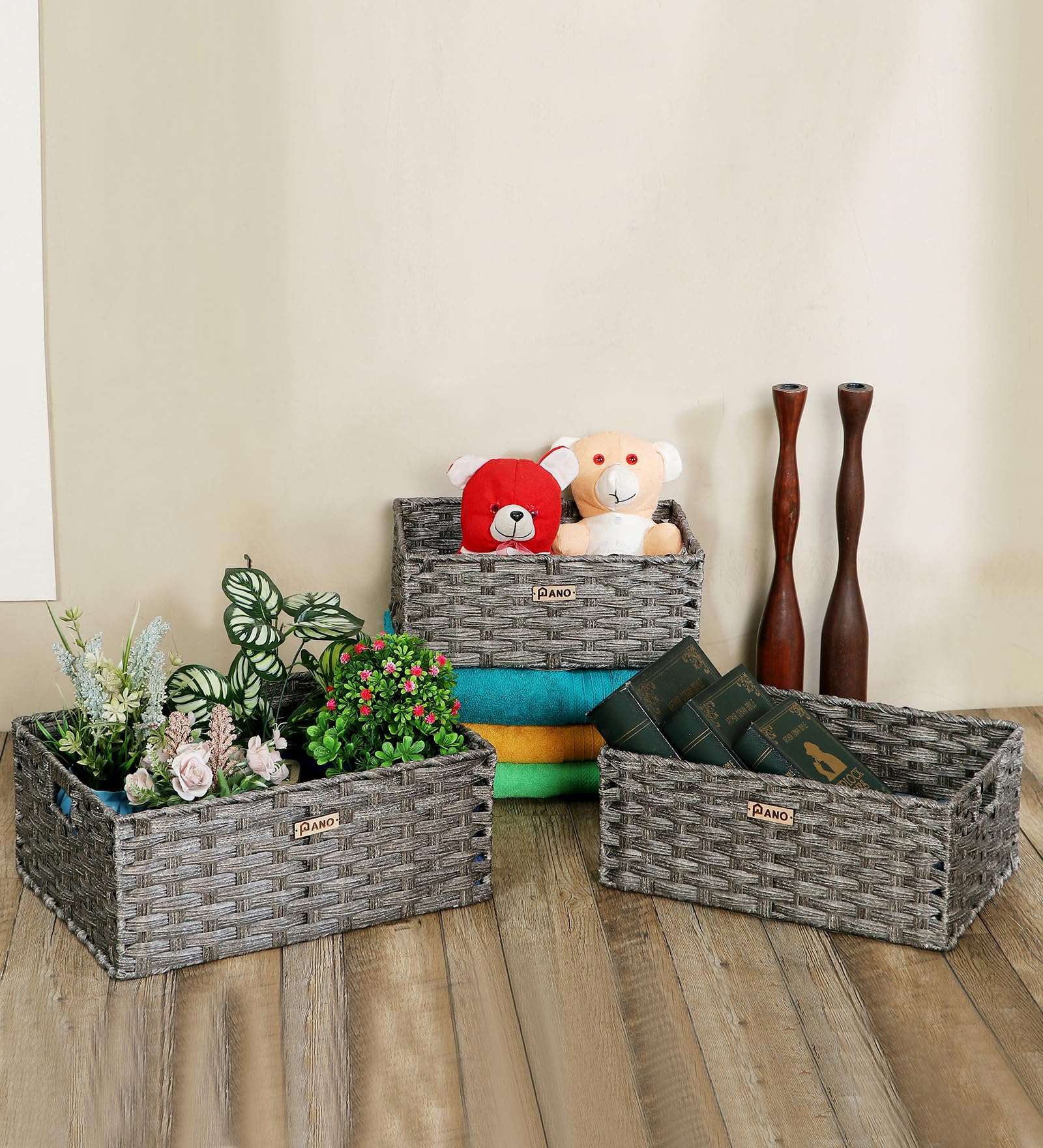 Pano Hudson Rectangular Storage Basket | Organizer Baskets | Toys,Books Storage Basket | Container Basket | Dispenser Baskets for Bathroom/Office/Home/Kitchen, Mud Brown,Set of 3 (Iron Grey)-image-49