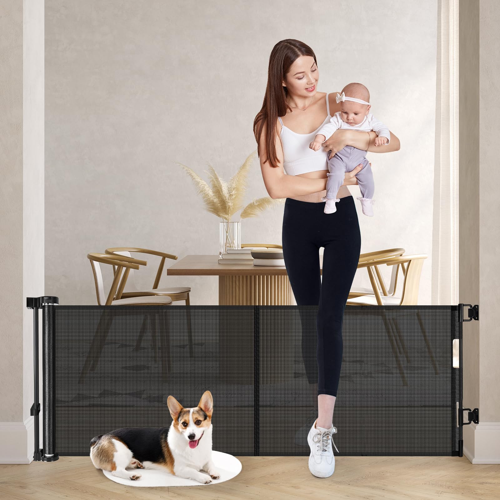 Reinforced 24 Inch Tall Retractable Baby Gates, Short Dog Gates to Step Over, Expands 0-55 Inches Wide, Mesh Pet Gate with Support Rods, Small Puppy