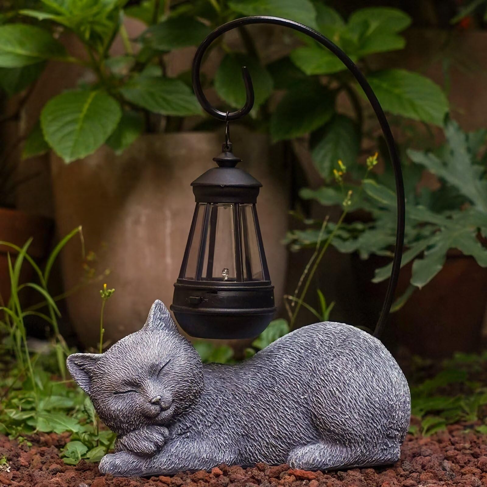 Statue De Jardin Chat Qeeman Avec Lanterne Solaire - Résine Peinte à La Main - IP44 - 18 Cm