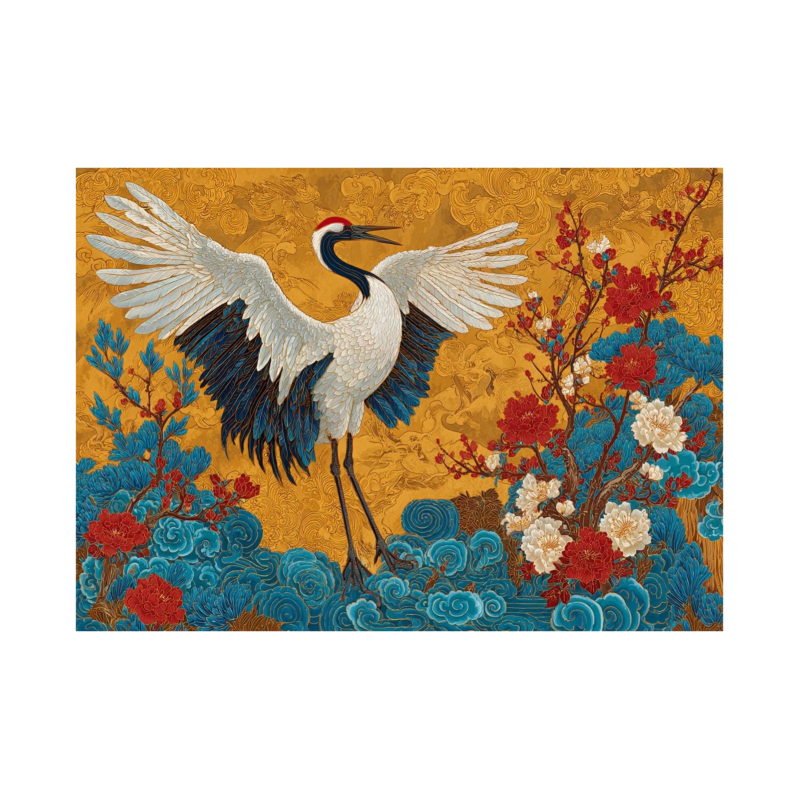 TERUEA Wall Art Canvas Prints - Spreading Wing Red-birds Crane Cloud Golden Wall Art Prints, for Toilet Bathrooms Decor,(Gold)-60x90cm Unframed