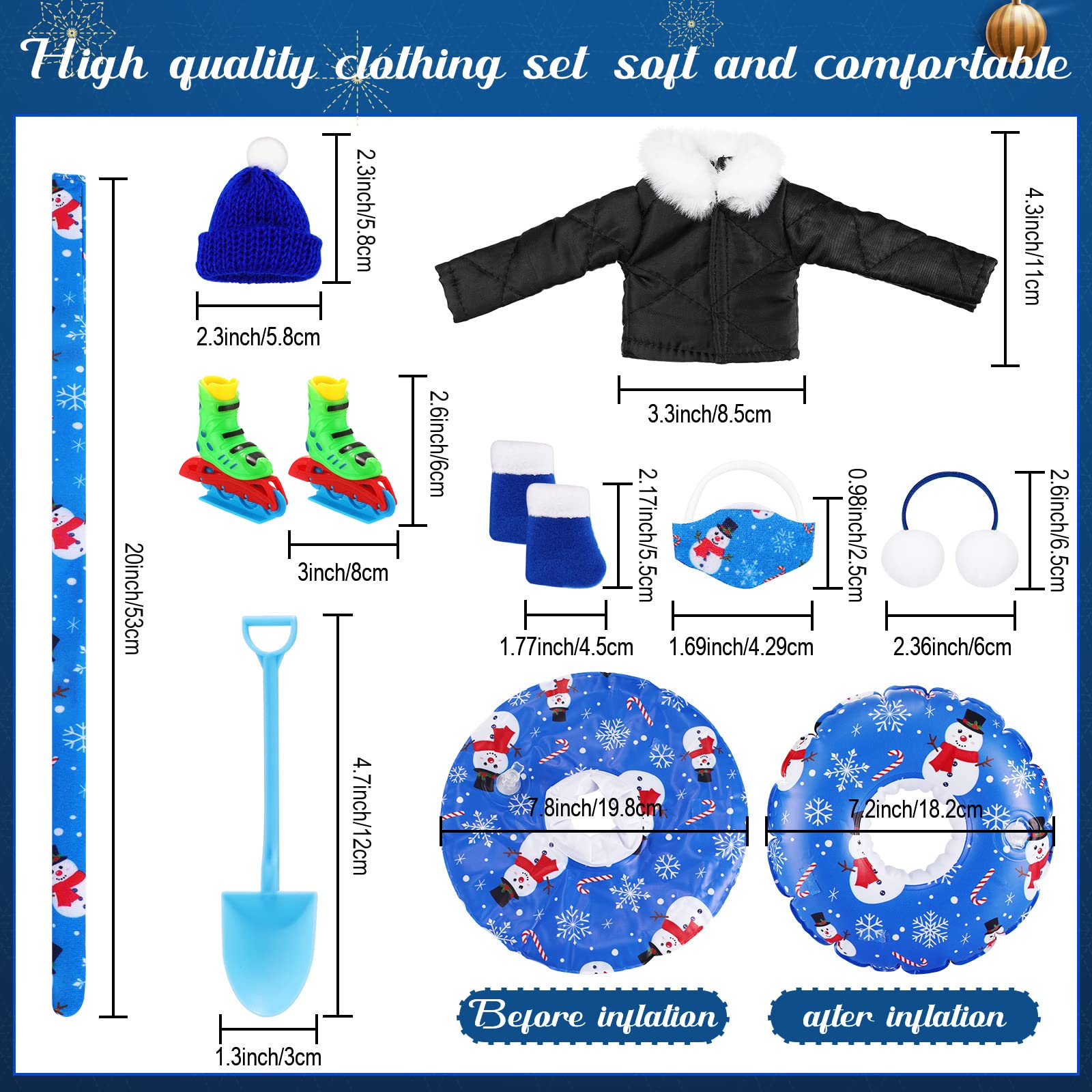 Jenaai 9 PCS Christmas Doll Accessories Set Christmas Clothing Includes Ear Muffs, Scarf, Cotton Padded Coat, Boot, Inflatable Snow Tube, Mask, Hat, Ice Skates, Shovel for Doll Decor