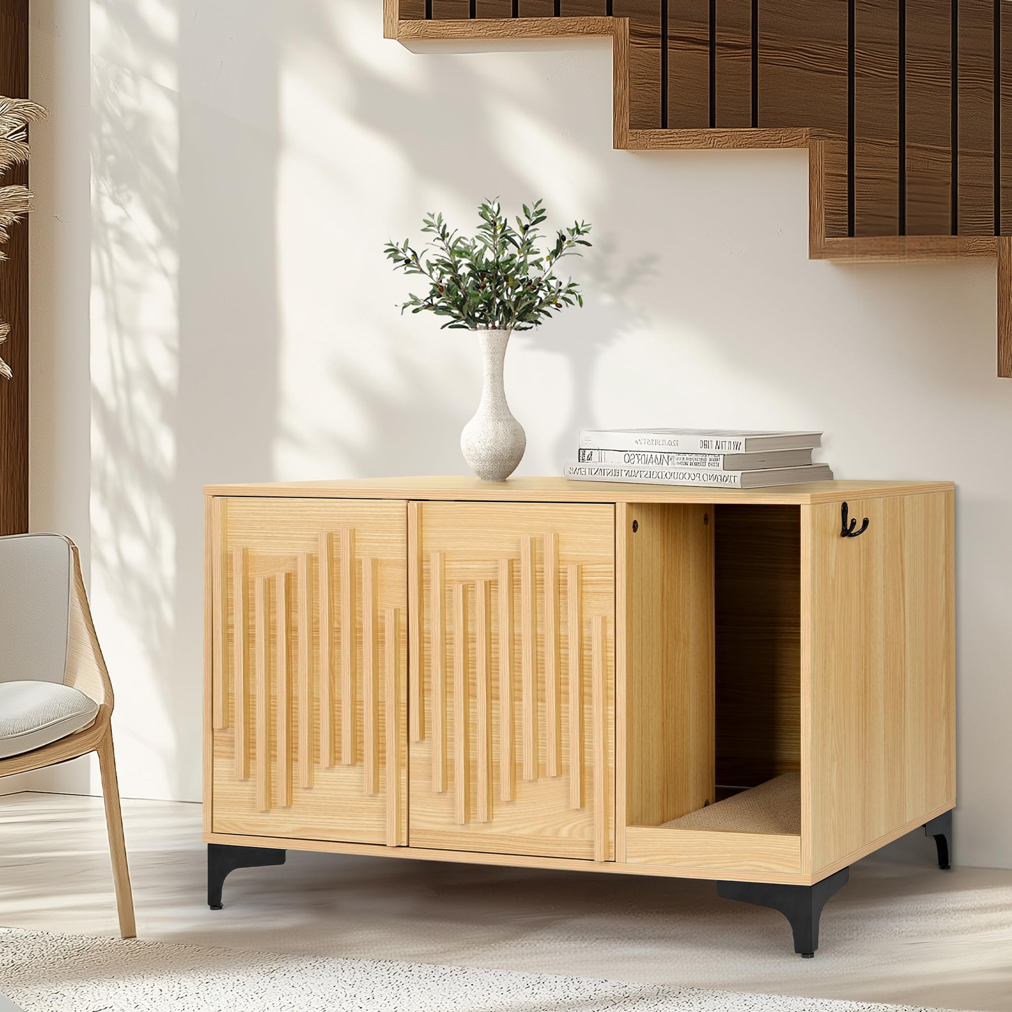 Cat Litter Box Enclosure,Stylish Hidden Litter Box Furniture, Modern Cat Litter Furniture Cabinet, Side End Table, Cat House with Scratch Pad, for Living Room, Bedroom, Entry Foyer