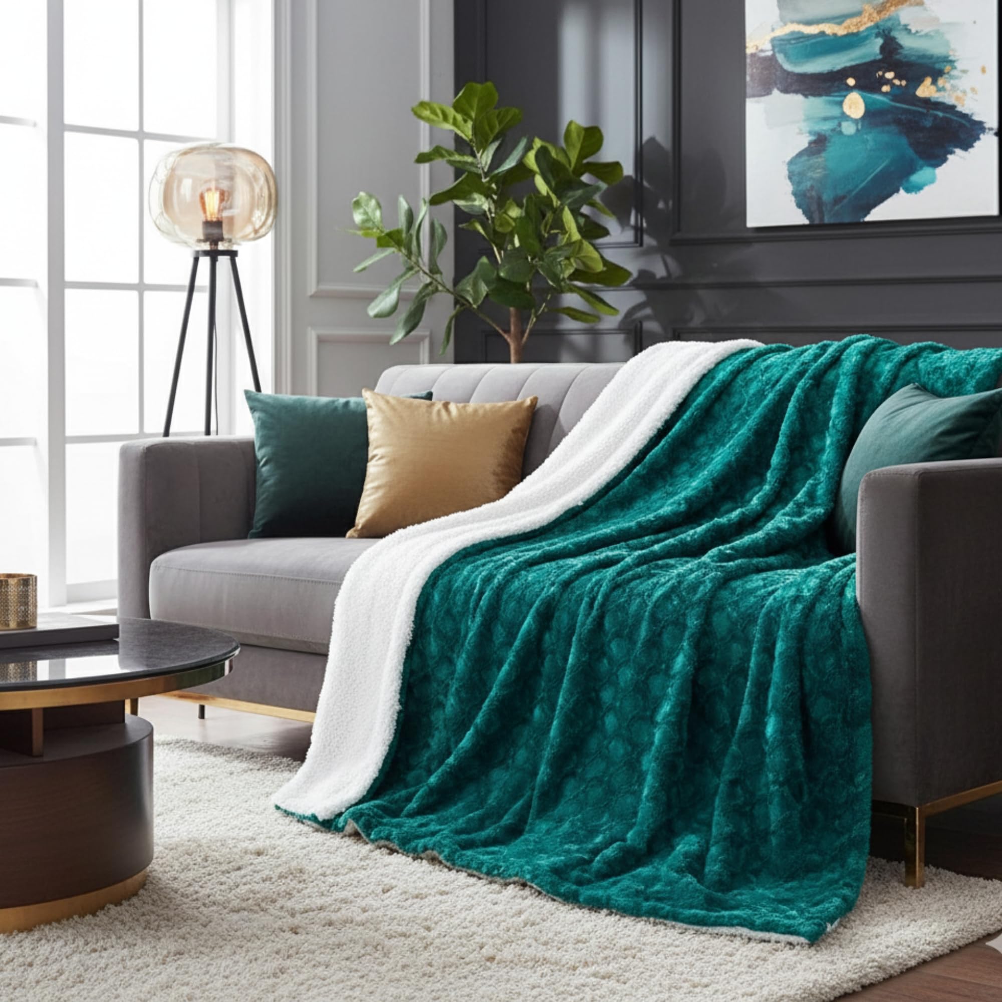 DaDa Bedding Lavish Emerald Green Blue Faux Fur Throw Blanket - Mermaid Scales Design White Sherpa Backside - Soft Warm Plush Textured Bright Vibrant Jewel Tones Embossed for Bed/Couch - 90" x 90"