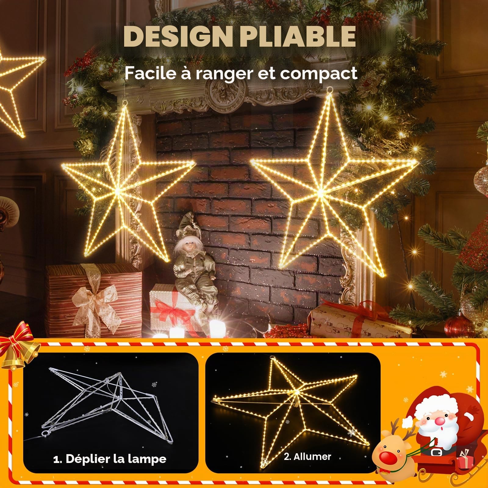 Quntis 50 CM LED Etoile Lumineuse Alimentée par Fiche, 282 LEDs Decoration Noel Exterieur pour Maison Jardin Intérieur Extérieur, Deco Fenetre Noel en 3D, Blanc Chaud