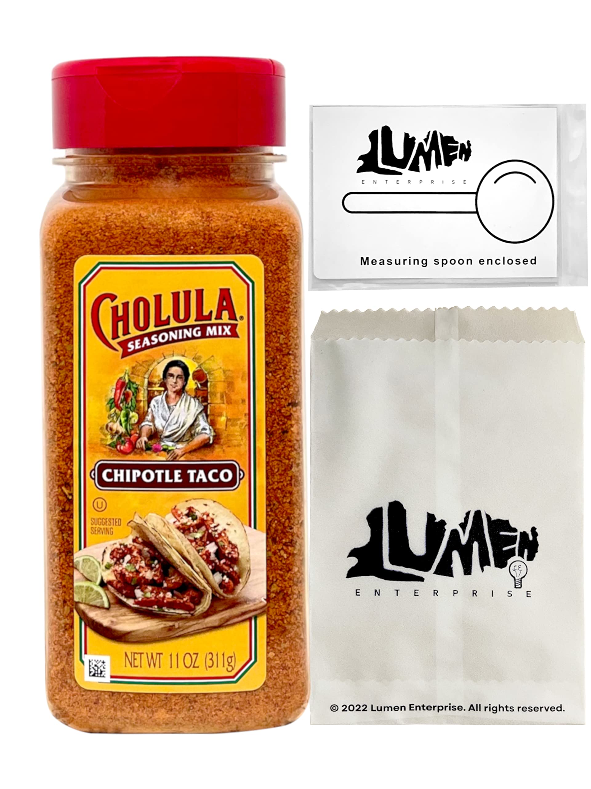 Cholula Chipotle Taco Seasoning Mix (11 oz) Bundle with 1 TSP measuring spoon in Lumen Enterprise Packaging - Smokey flavor with a pinch of heat seasoning mix