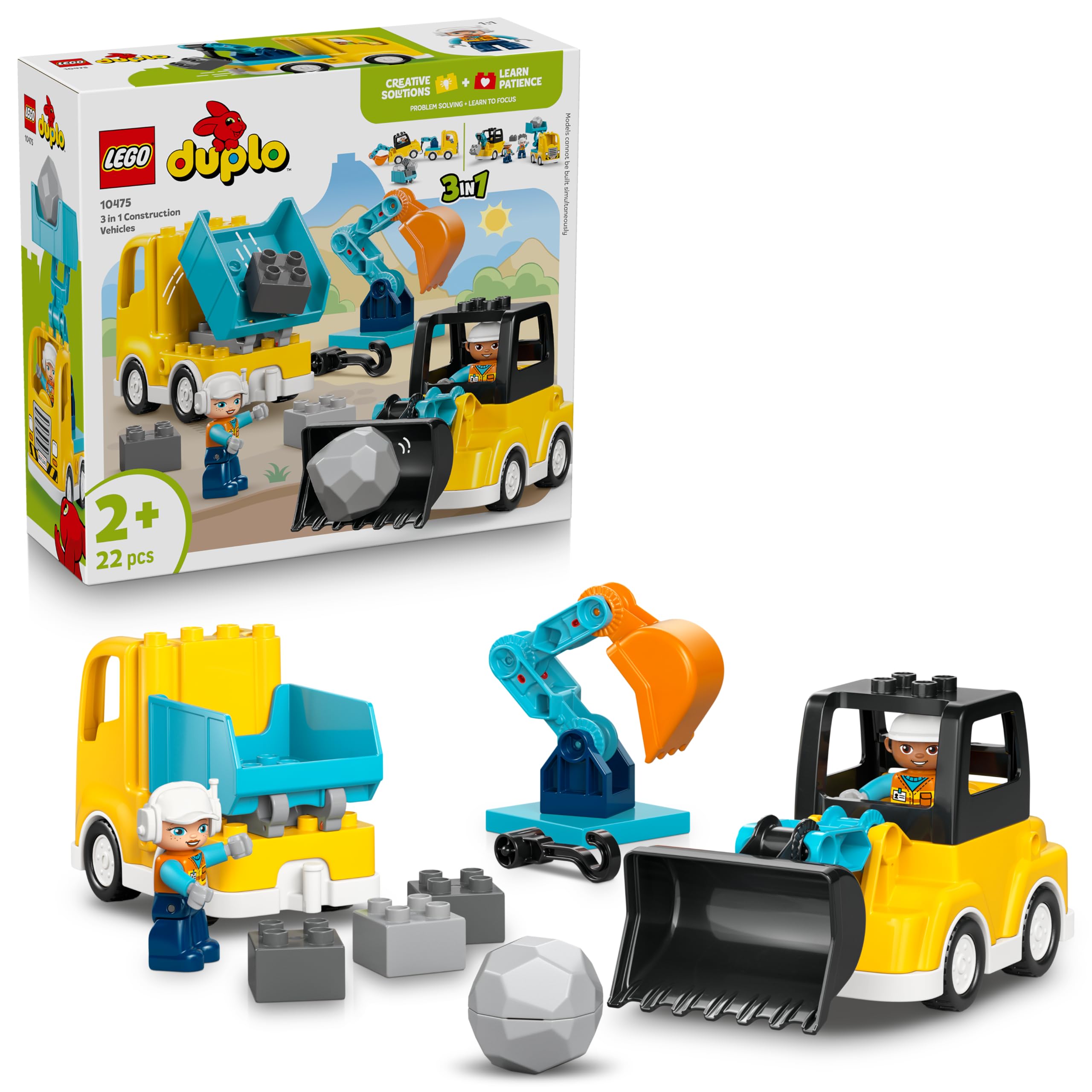 LEGO DUPLO Kasabası 3'ü 1 Arada İnşaat Araçları 10475-2 Yaş ve Üzeri Çocuklar için İnşaatçı Figürü İçeren 6 Farklı Oyuncak Araca Dönüştürülebilen Eğitici Oyuncak Yapım Seti, Hediye Fikri (22 Parça)