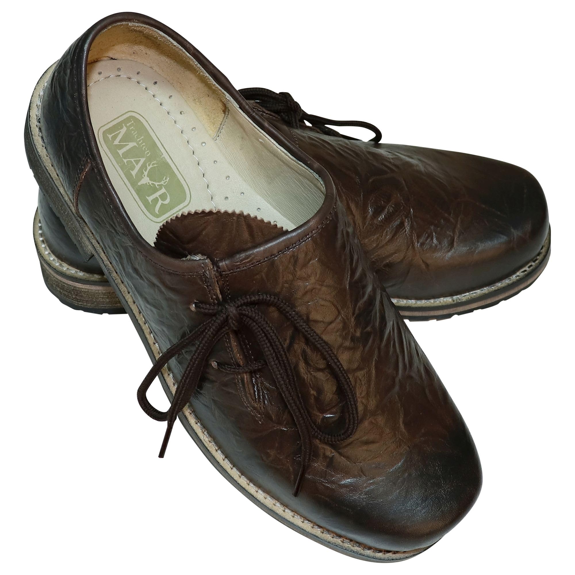 Scarpe per costume tradizionale bavarese, in pelle liscia, marrone anticata, liscia, con lacci, in pelle, da uomo